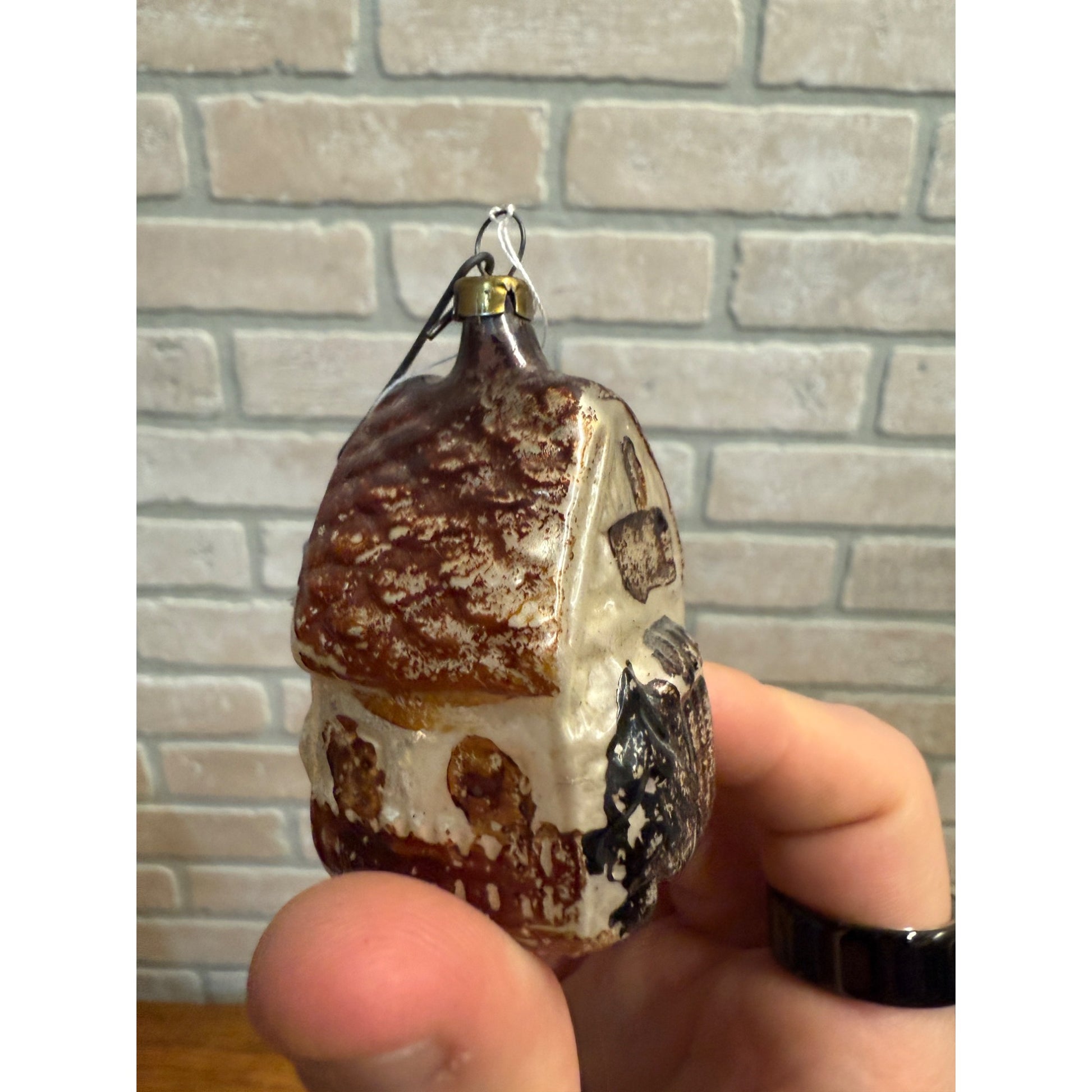 Antique Mercury Glass House w/ Pine Tree Christmas Ornament  German