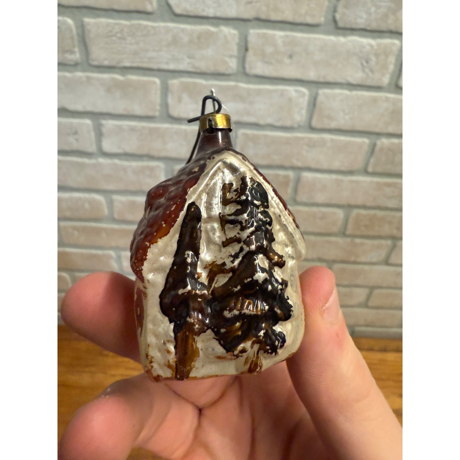 Antique Mercury Glass House w/ Pine Tree Christmas Ornament  German