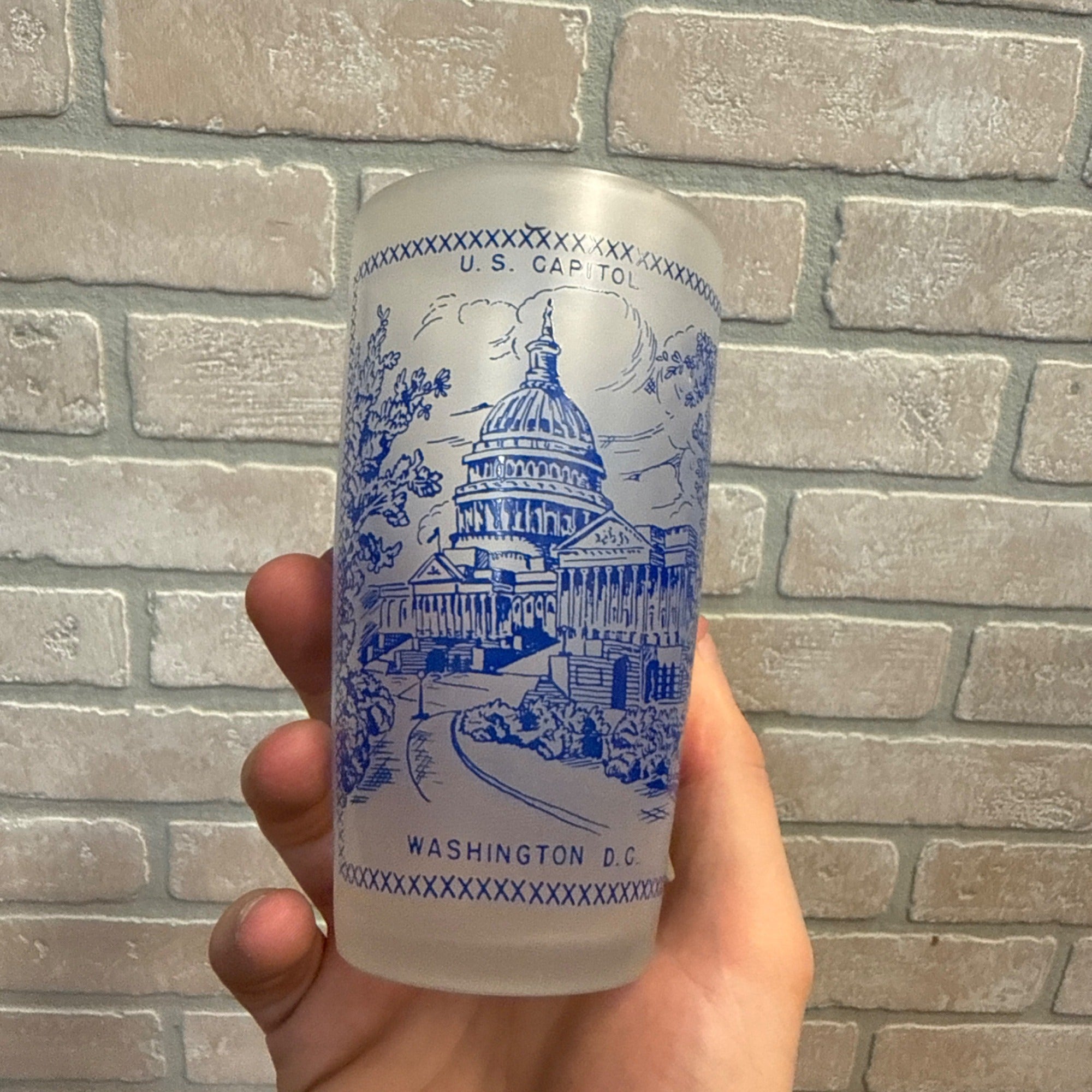 Vintage Frosted Drinking Glass Washington, D.C. United State's Capitol and Washington Monument.