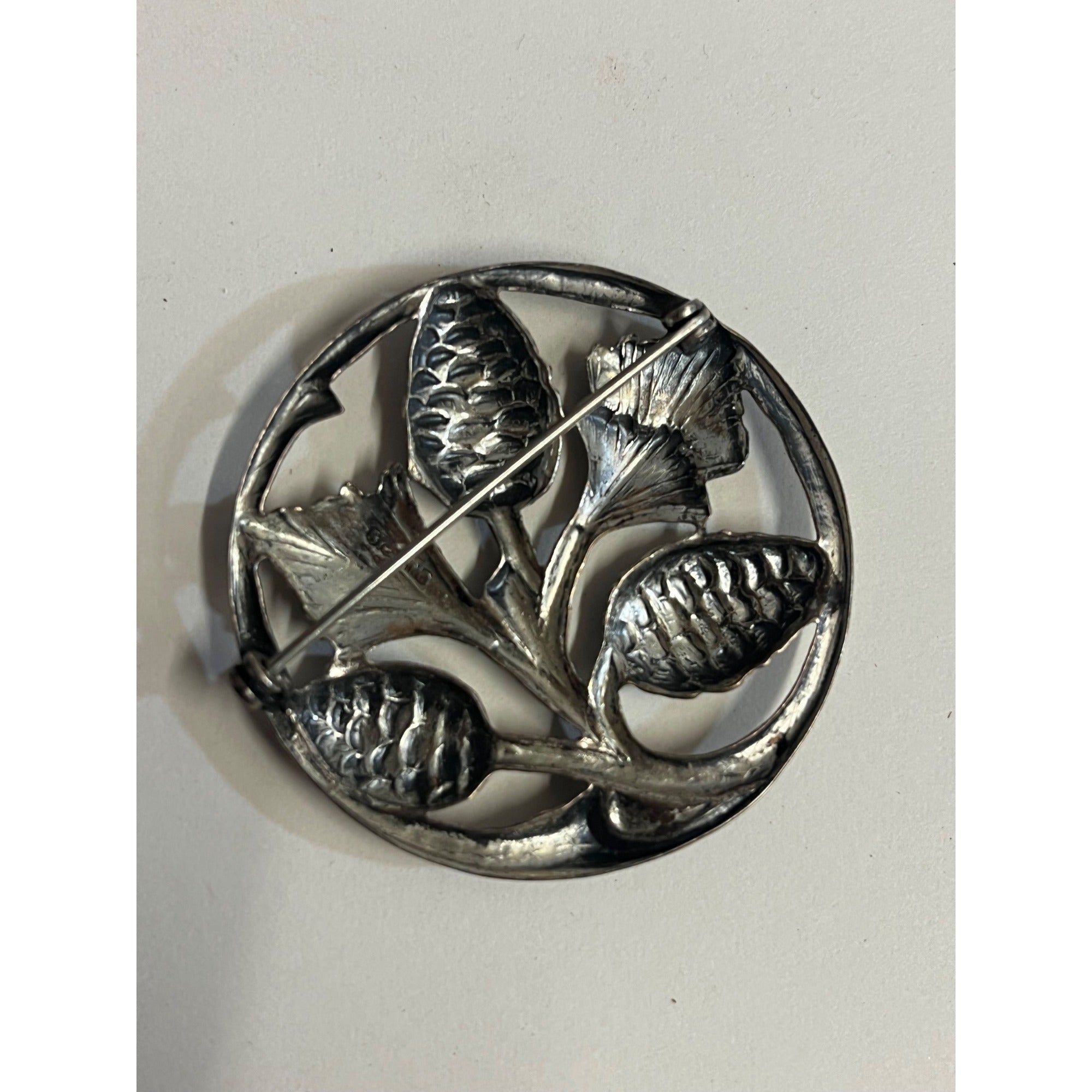 Danecraft Sterling Silver 925 Pine Needle & Pine Cone Branch Circle Brooch Pin