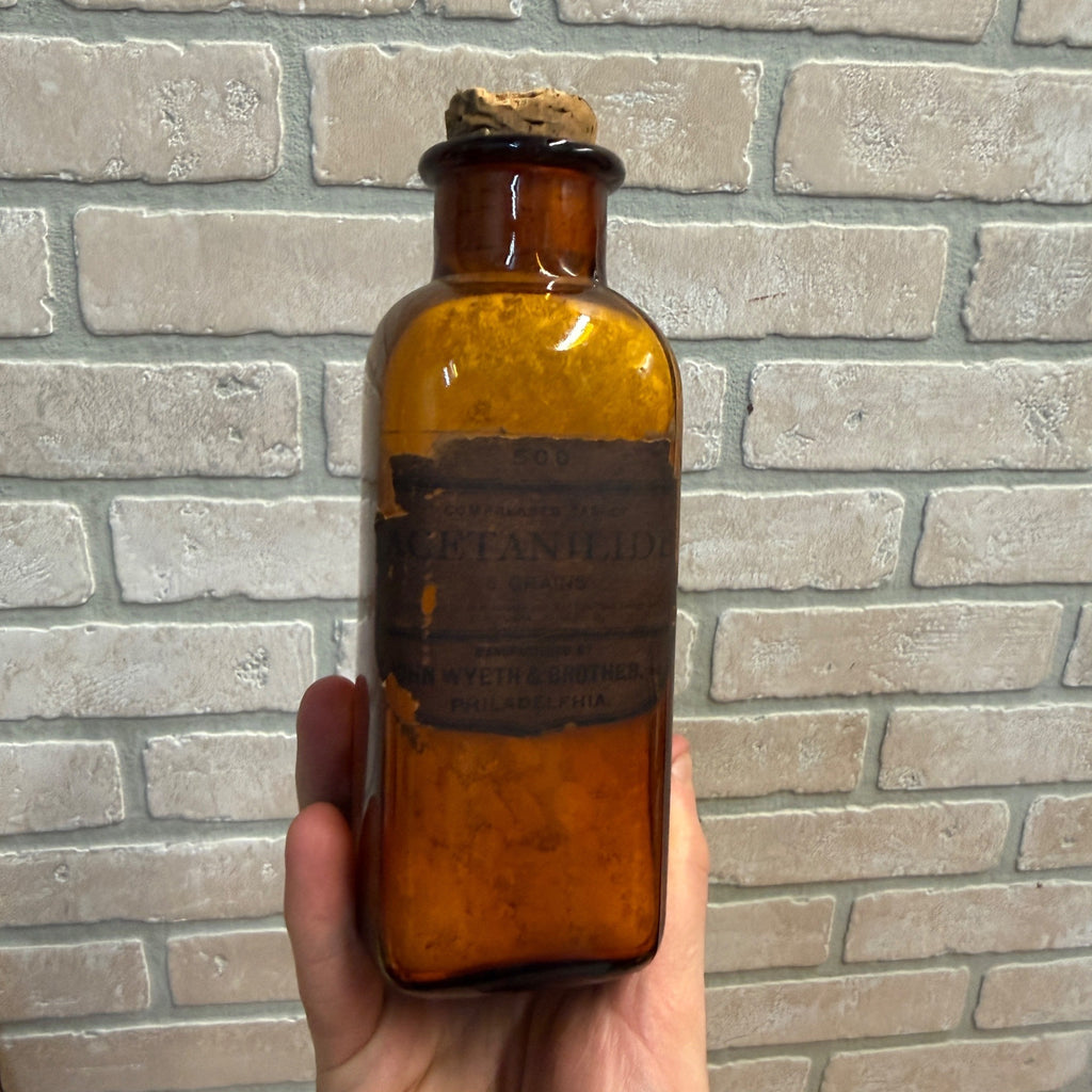 Antique Amber Glass Medicine Bottle Acetanilide Label John Wyeth & Brother