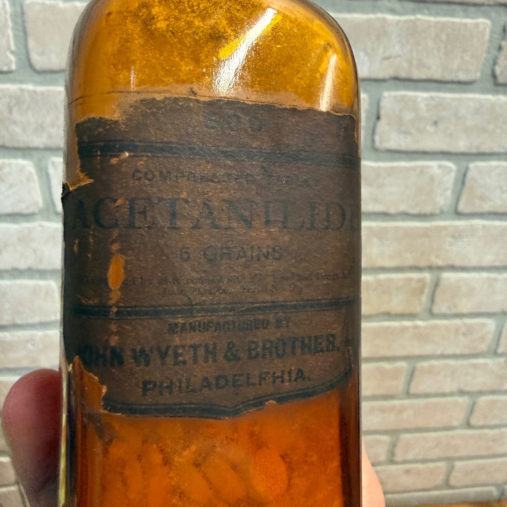 Antique Amber Glass Medicine Bottle Acetanilide Label John Wyeth & Brother