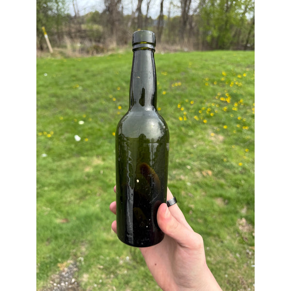 Antique 19th Century Early Dark Olive Green Bottle Push-up Base Tooled double Ring Lip 1800s