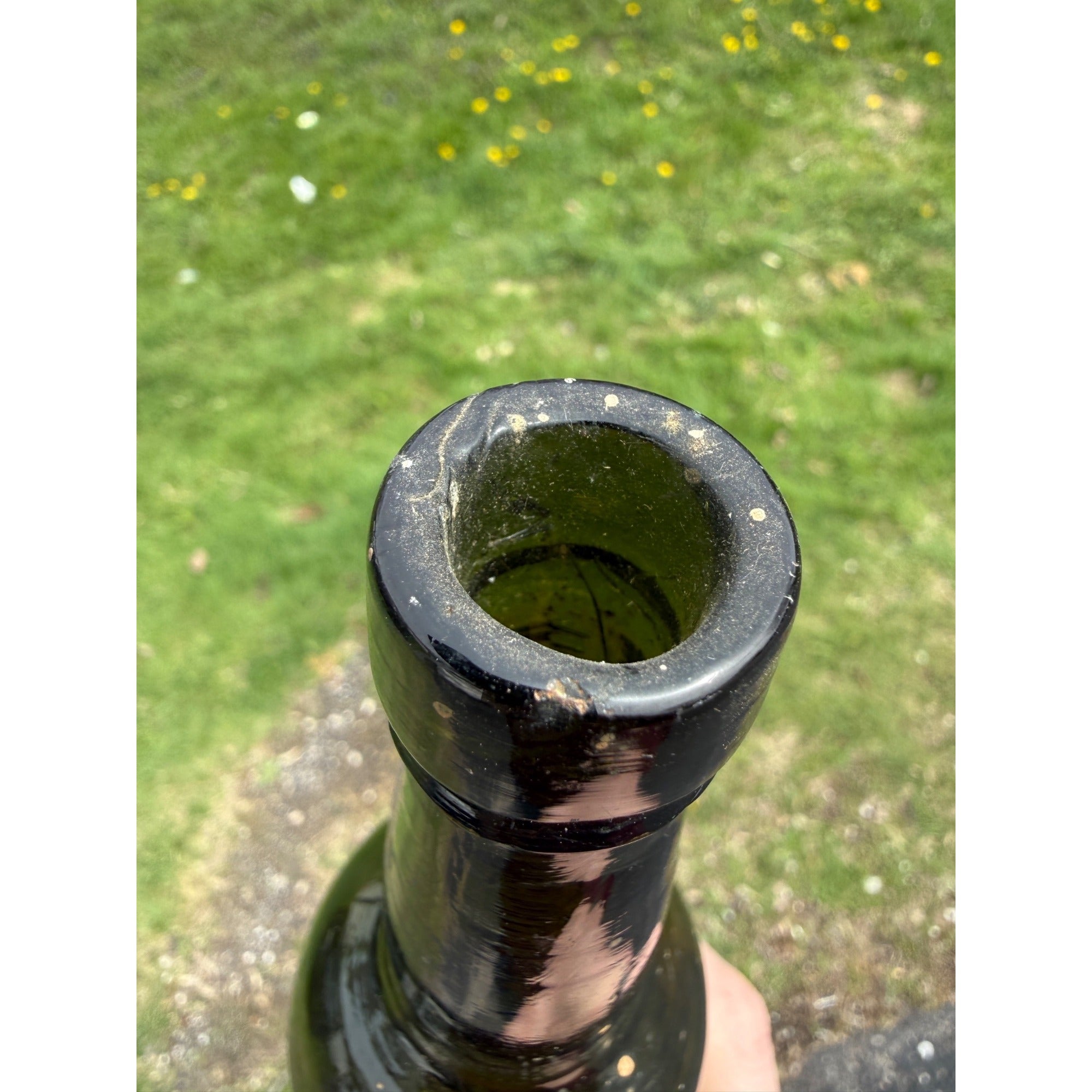 Antique 19th Century Early Dark Olive Green Bottle Push-up Base Tooled double Ring Lip 1800s