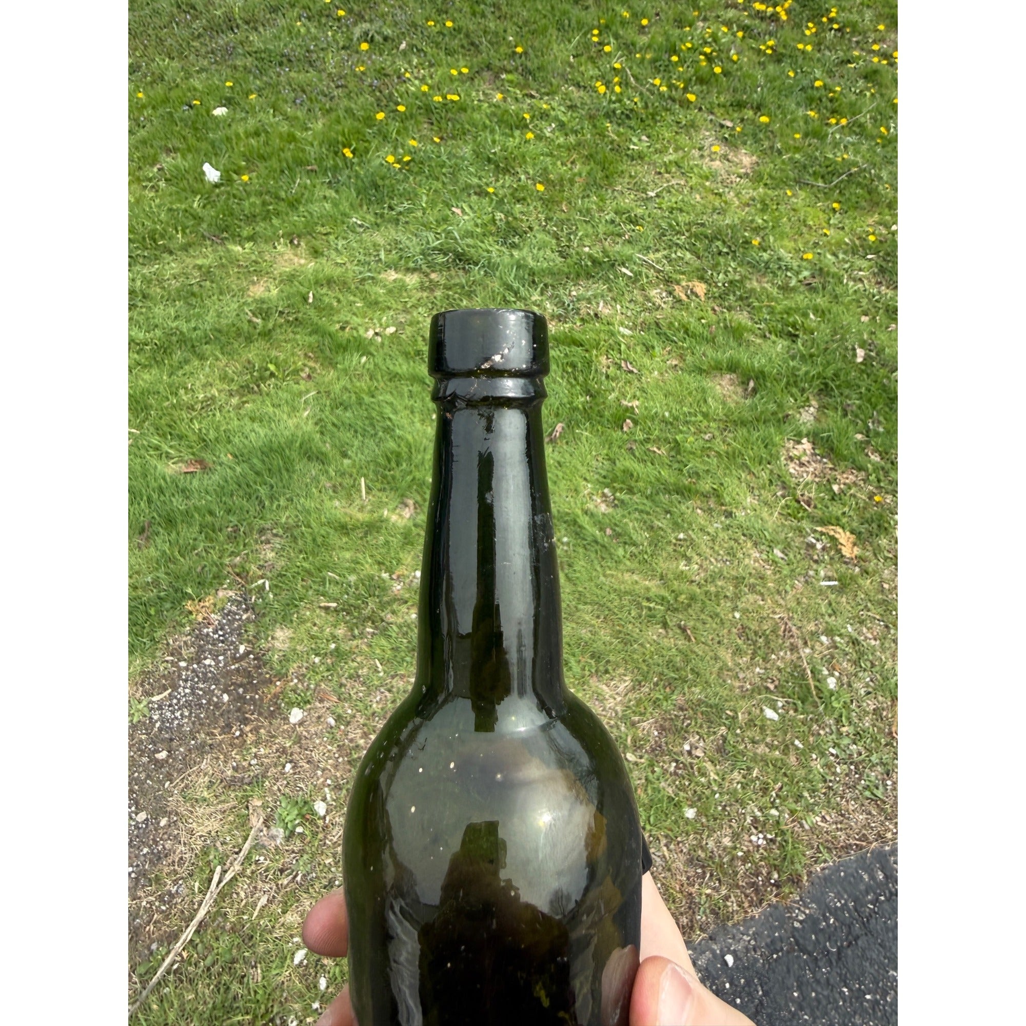 Antique 19th Century Early Dark Olive Green Bottle Push-up Base Tooled double Ring Lip 1800s