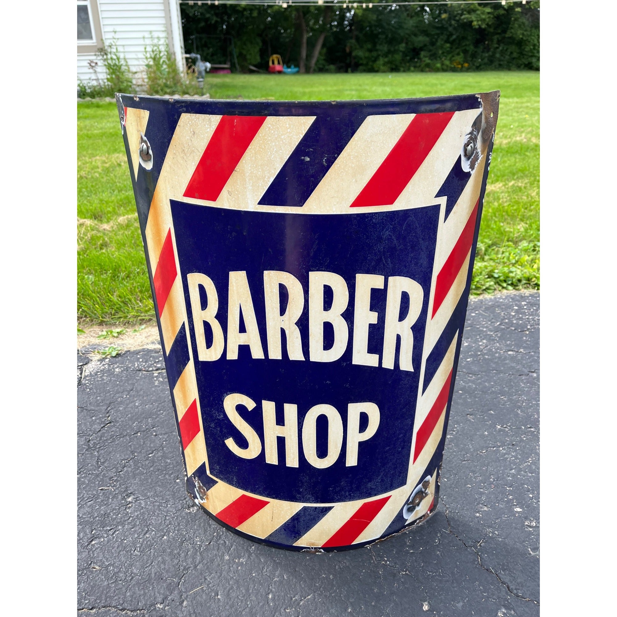 Antique Curved Porcelain Barber Shop Advertising Trade Sign Marvy