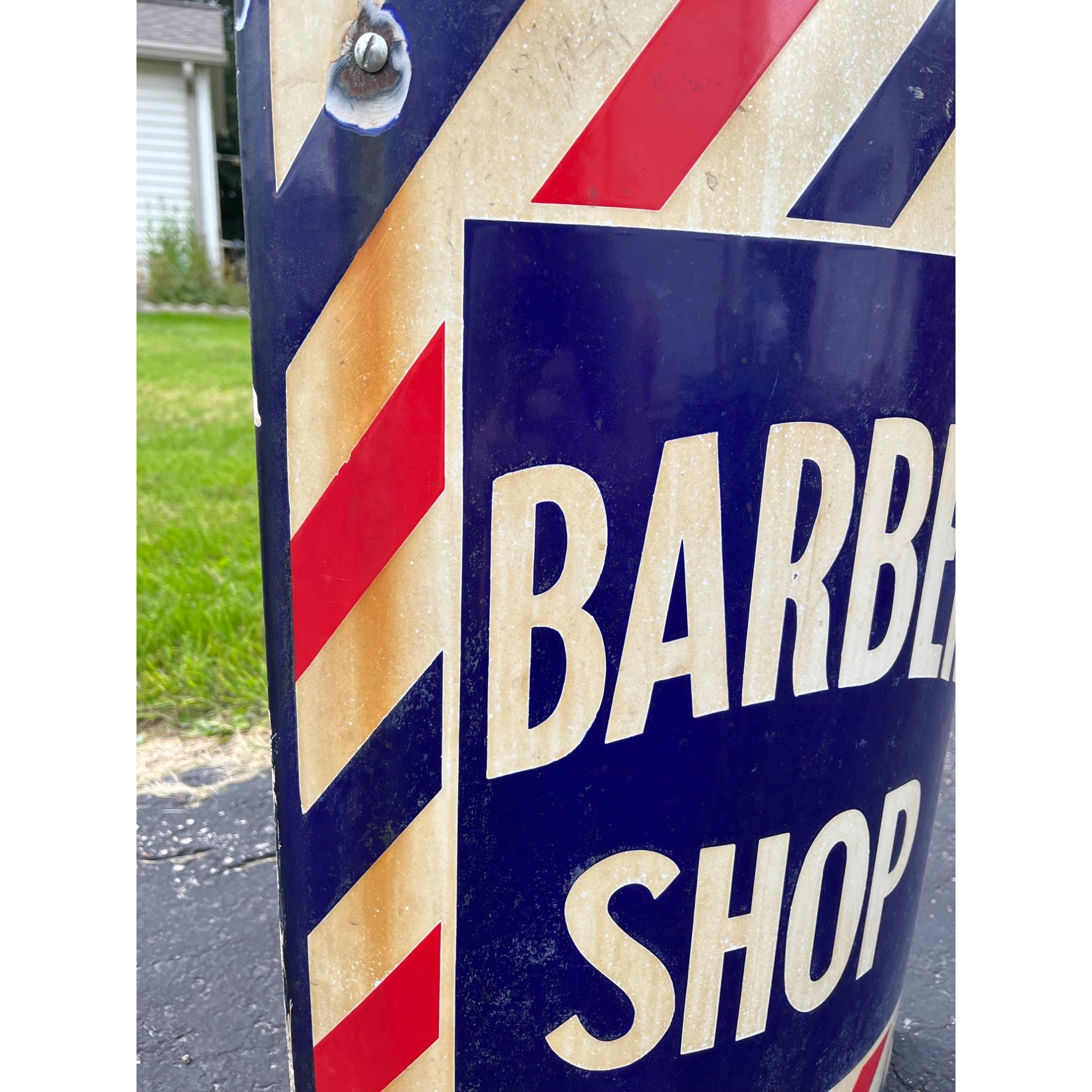 Antique Curved Porcelain Barber Shop Advertising Trade Sign Marvy