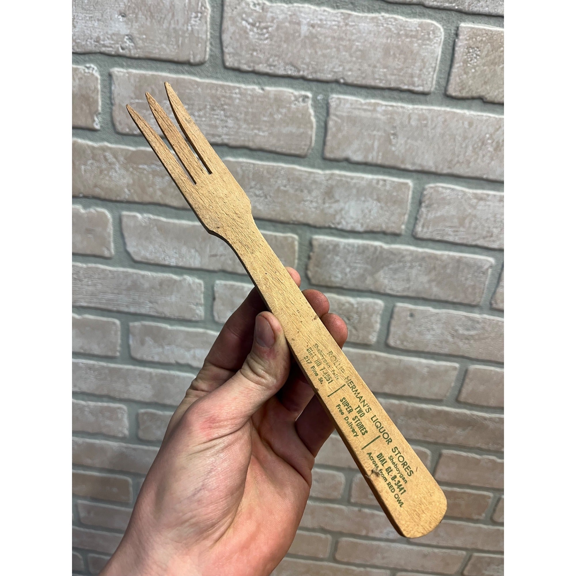 Vintage 1940s Advertising Wooden Fork Ollie Herman's Liquor Stores Sheboygan Wis