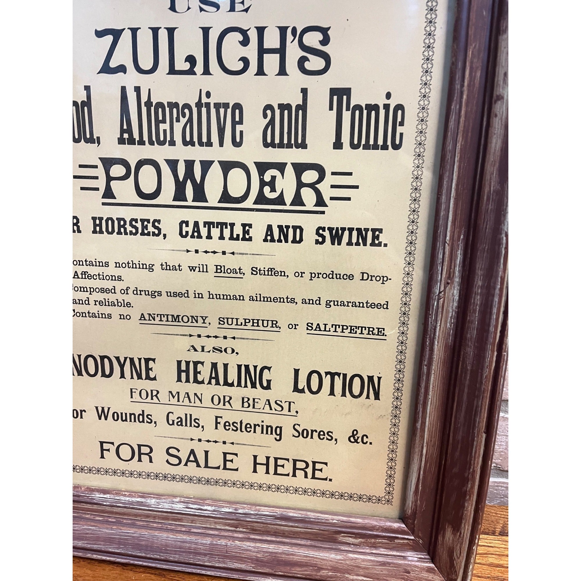 Vintage Zulich's Blood, Alterative & Tonic Powder Horses Cattle Swine Store Sign