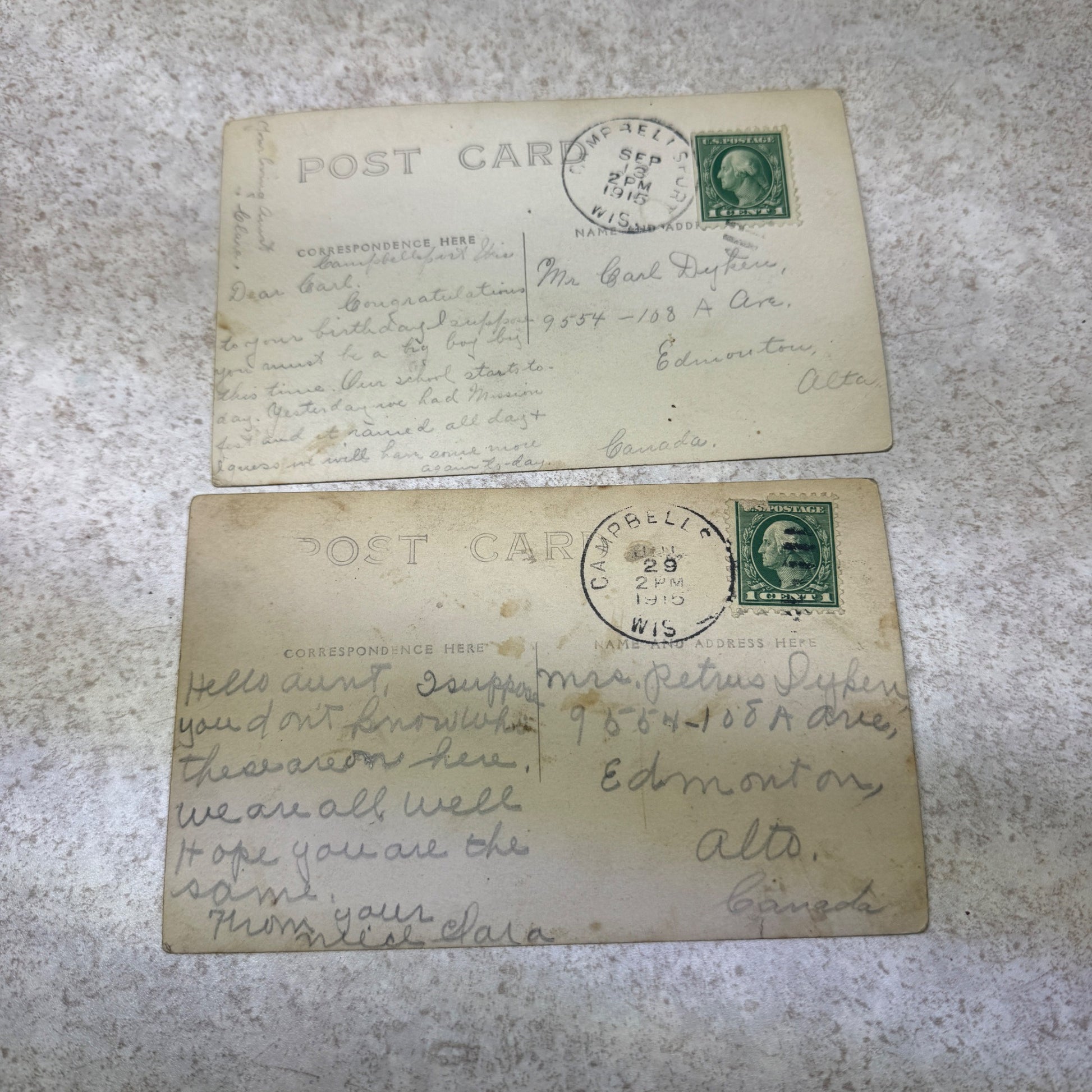 (2) RPPC Postcards Rural Life Campbellsport Wis Schrooten Dyken Farm Chickens