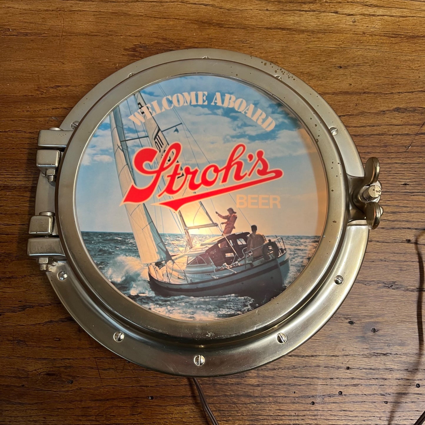 Vintage 1970s Stroh's Beer Lighted Bar Advertising Sign Porthole Nautical - Works