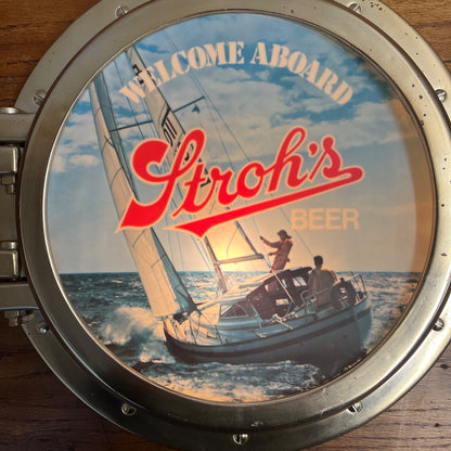 Vintage 1970s Stroh's Beer Lighted Bar Advertising Sign Porthole Nautical - Works