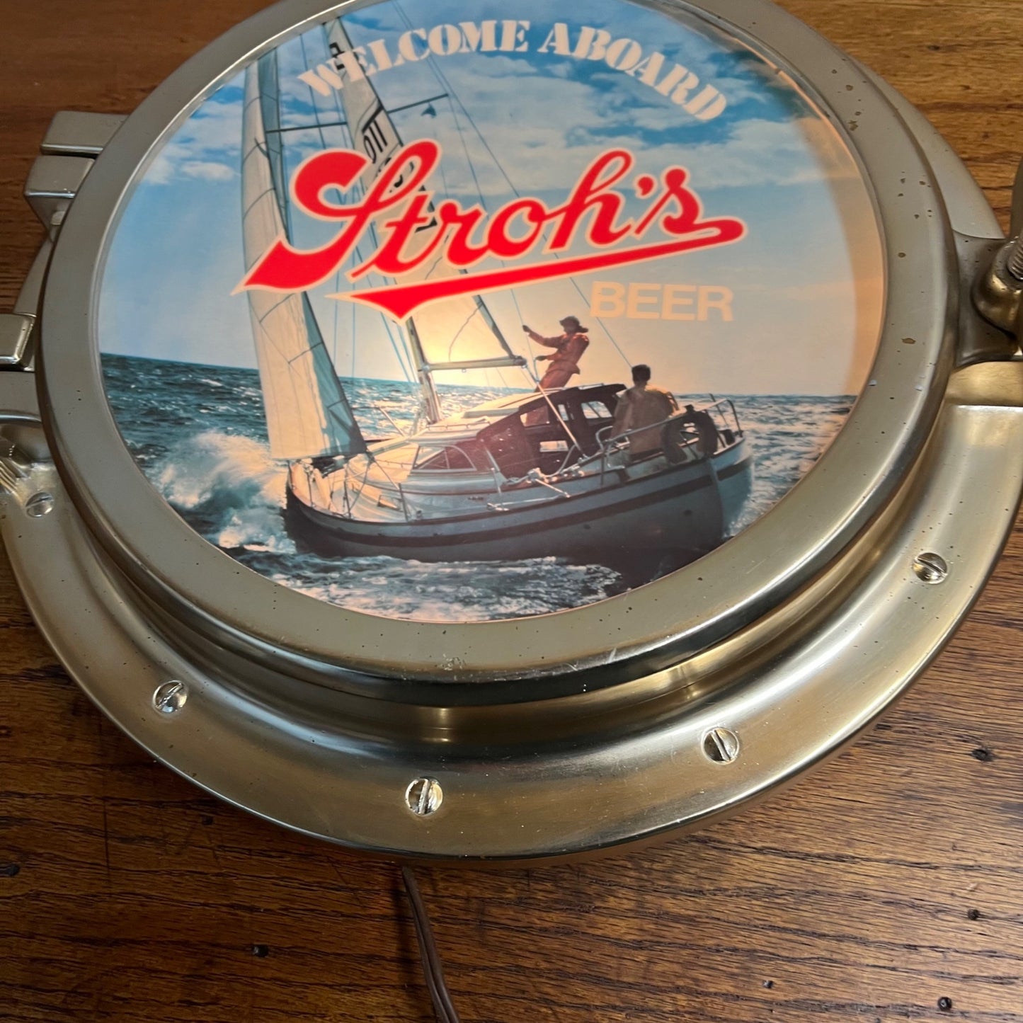 Vintage 1970s Stroh's Beer Lighted Bar Advertising Sign Porthole Nautical - Works