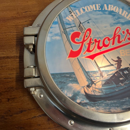 Vintage 1970s Stroh's Beer Lighted Bar Advertising Sign Porthole Nautical - Works