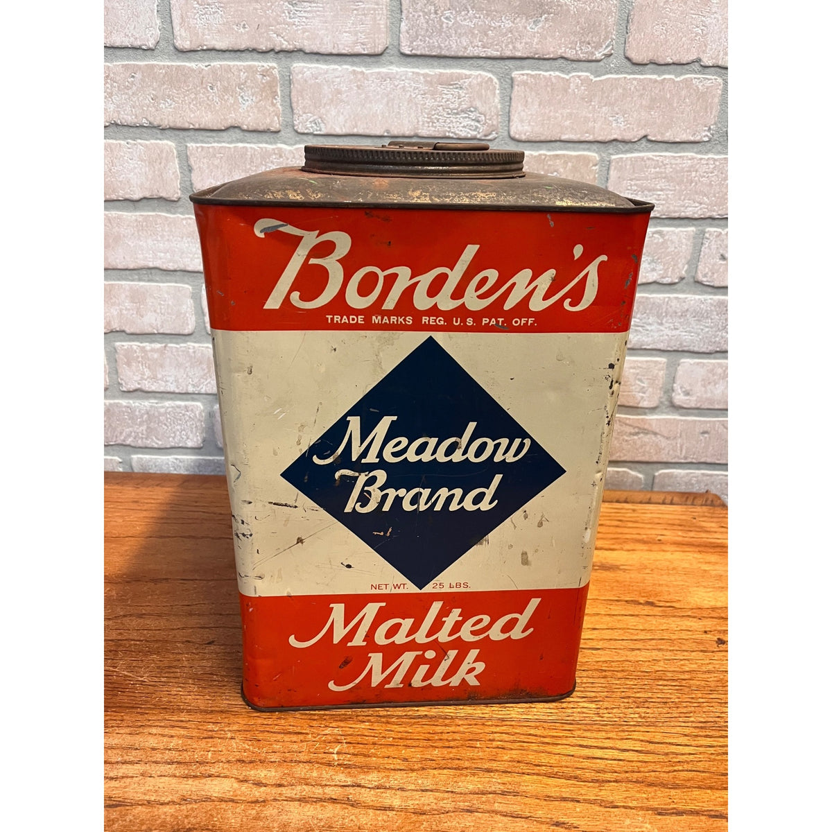 Vintage Borden's Meadow Brand Malted Milk Tin 25lb Primitive Kitchen Decor