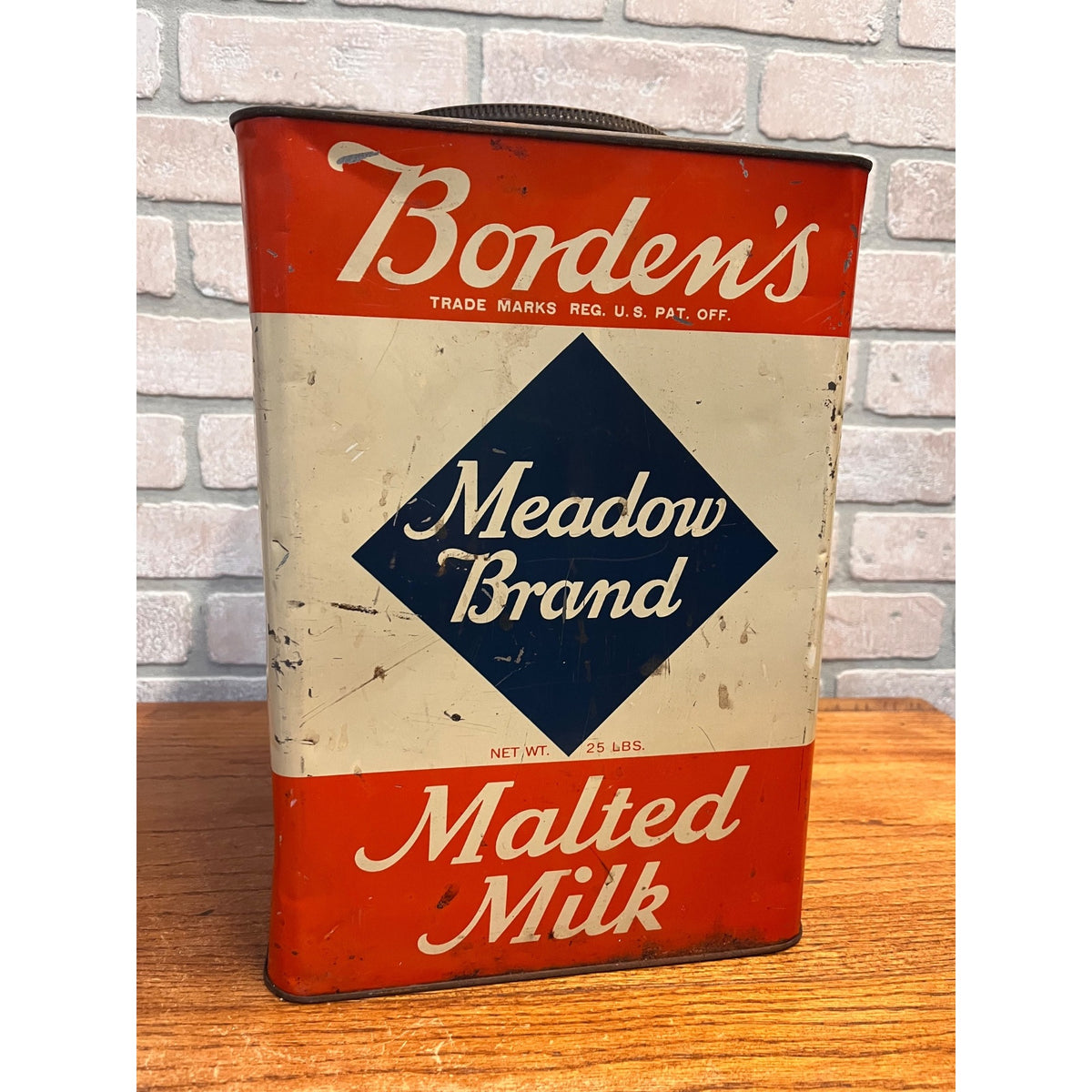 Vintage Borden's Meadow Brand Malted Milk Tin 25lb Primitive Kitchen Decor