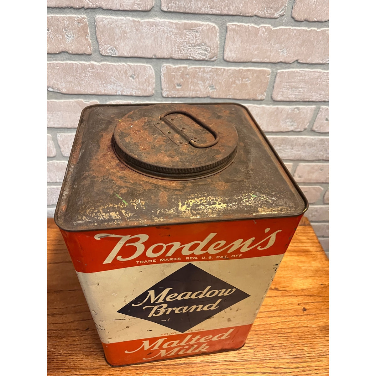 Vintage Borden's Meadow Brand Malted Milk Tin 25lb Primitive Kitchen Decor
