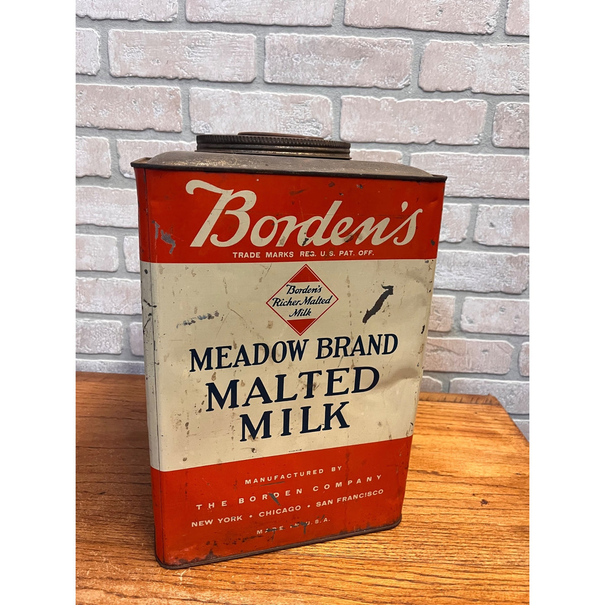 Vintage Borden's Meadow Brand Malted Milk Tin 25lb Primitive Kitchen Decor