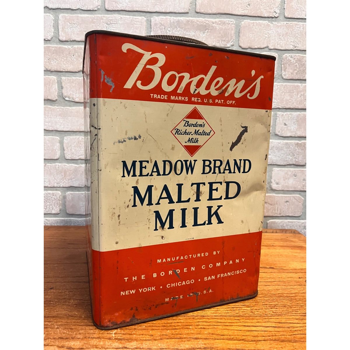 Vintage Borden's Meadow Brand Malted Milk Tin 25lb Primitive Kitchen Decor