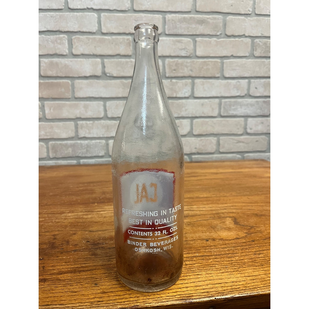 Vintage 32 Fluid Ounces Cal Beverages Glass Soda Bottle Binder Beverages Oshkosh, WI