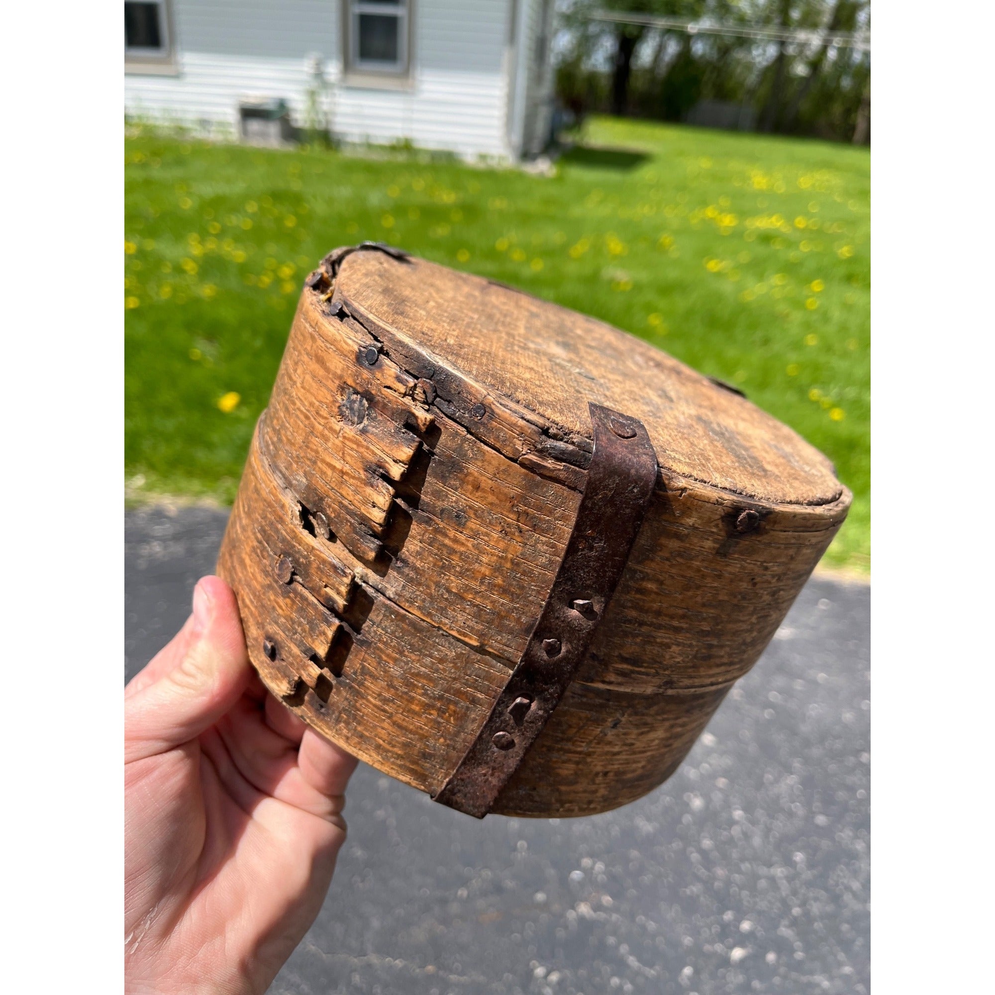 Antique Primitive 19th c. Bent Oak Wooden Grain Measure AAFA Metal Band Repairs