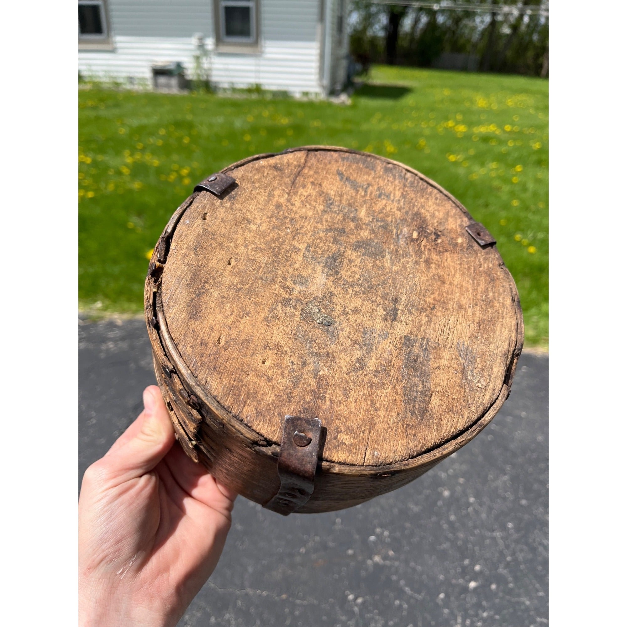 Antique Primitive 19th c. Bent Oak Wooden Grain Measure AAFA Metal Band Repairs