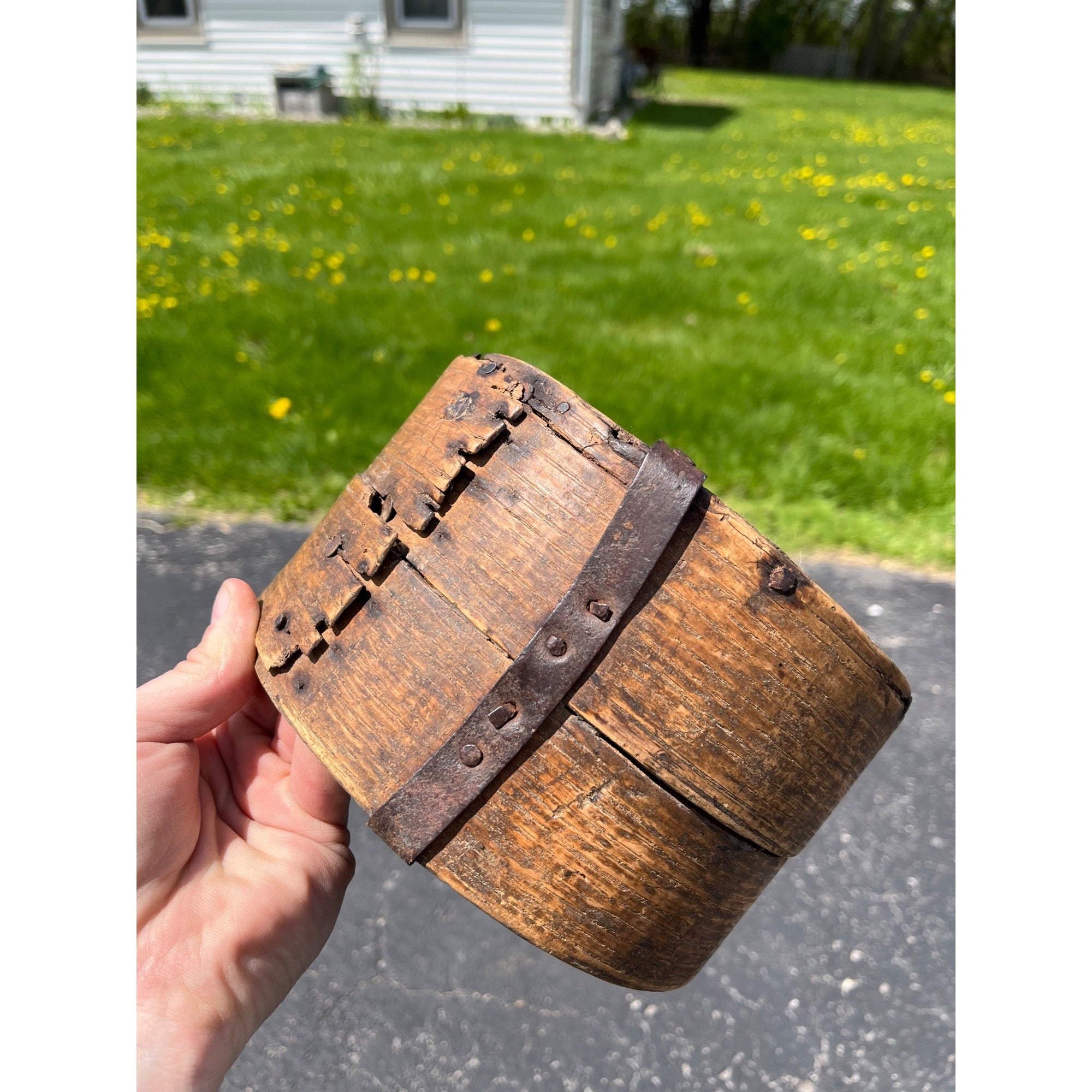 Antique Primitive 19th c. Bent Oak Wooden Grain Measure AAFA Metal Band Repairs