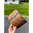 Antique Primitive 19th c. Bent Oak Wooden Grain Measure AAFA Metal Band Repairs