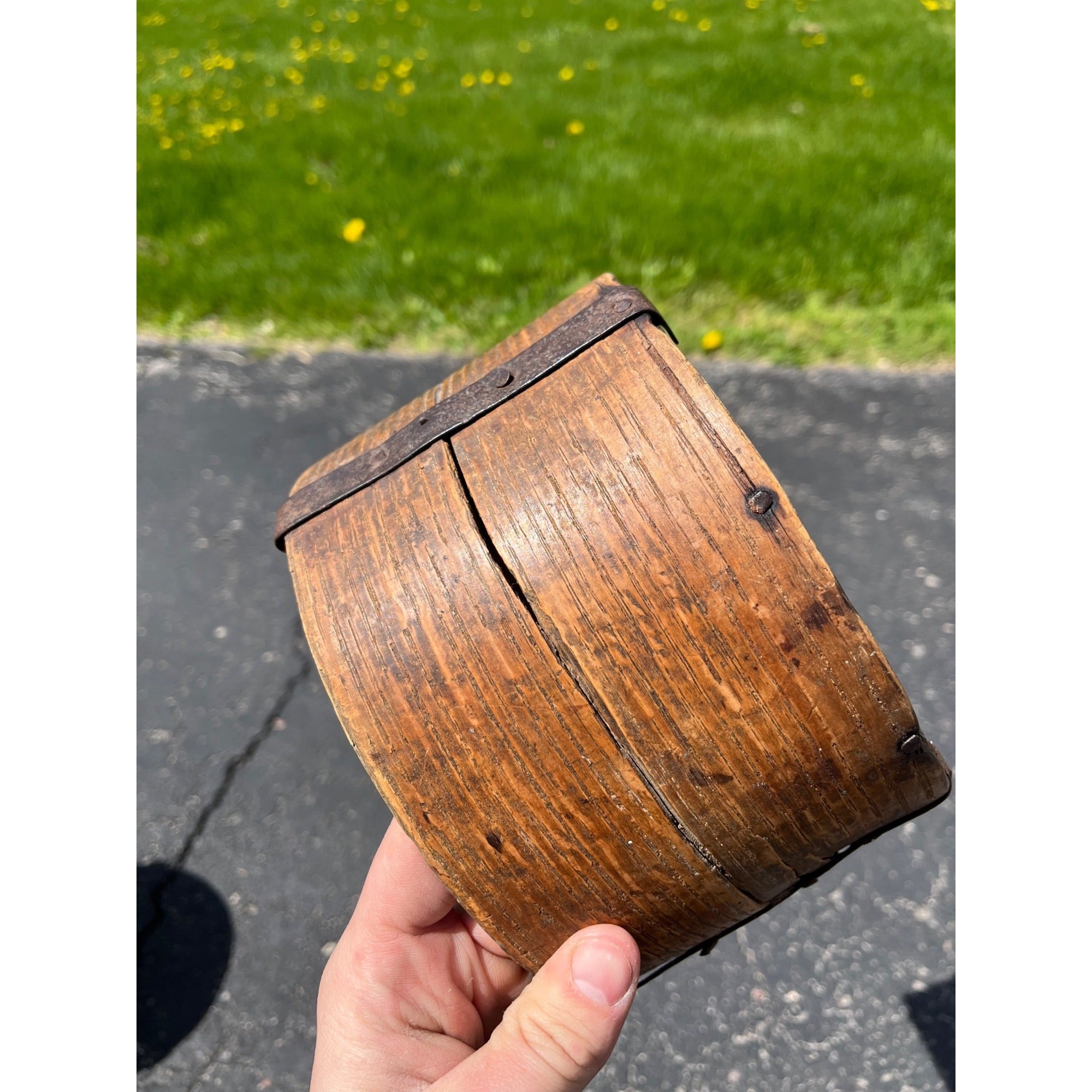 Antique Primitive 19th c. Bent Oak Wooden Grain Measure AAFA Metal Band Repairs
