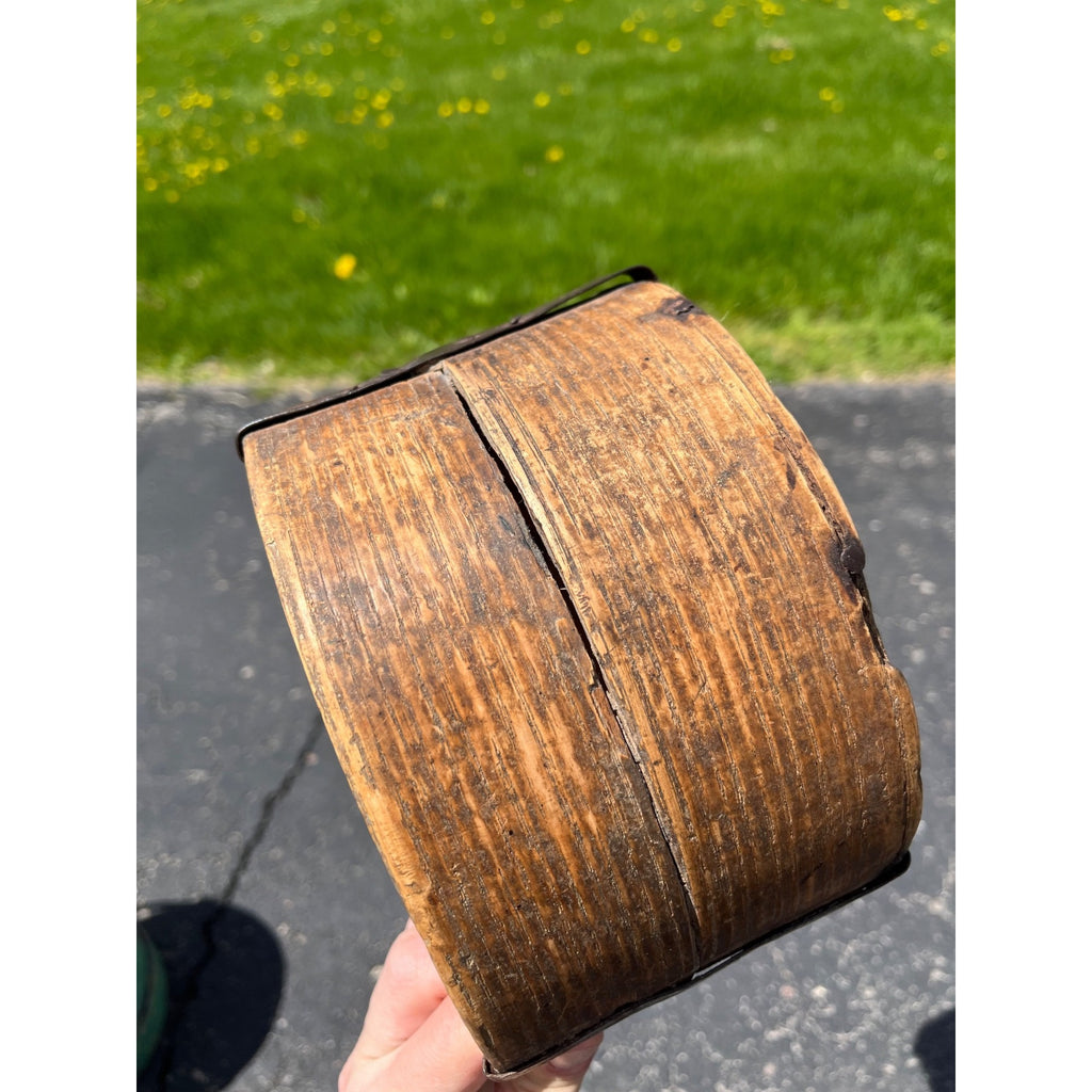 Antique Primitive 19th c. Bent Oak Wooden Grain Measure AAFA Metal Band Repairs