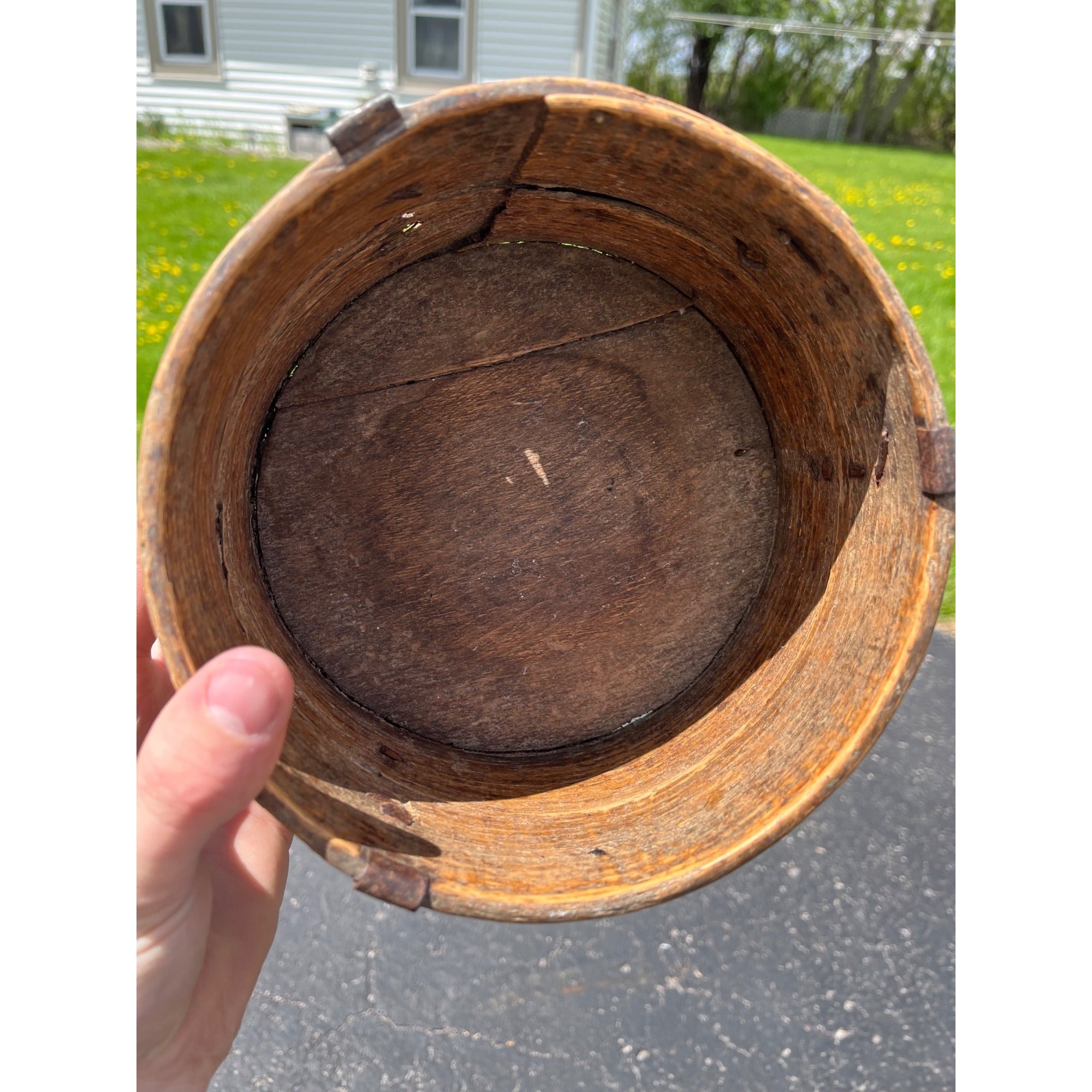 Antique Primitive 19th c. Bent Oak Wooden Grain Measure AAFA Metal Band Repairs