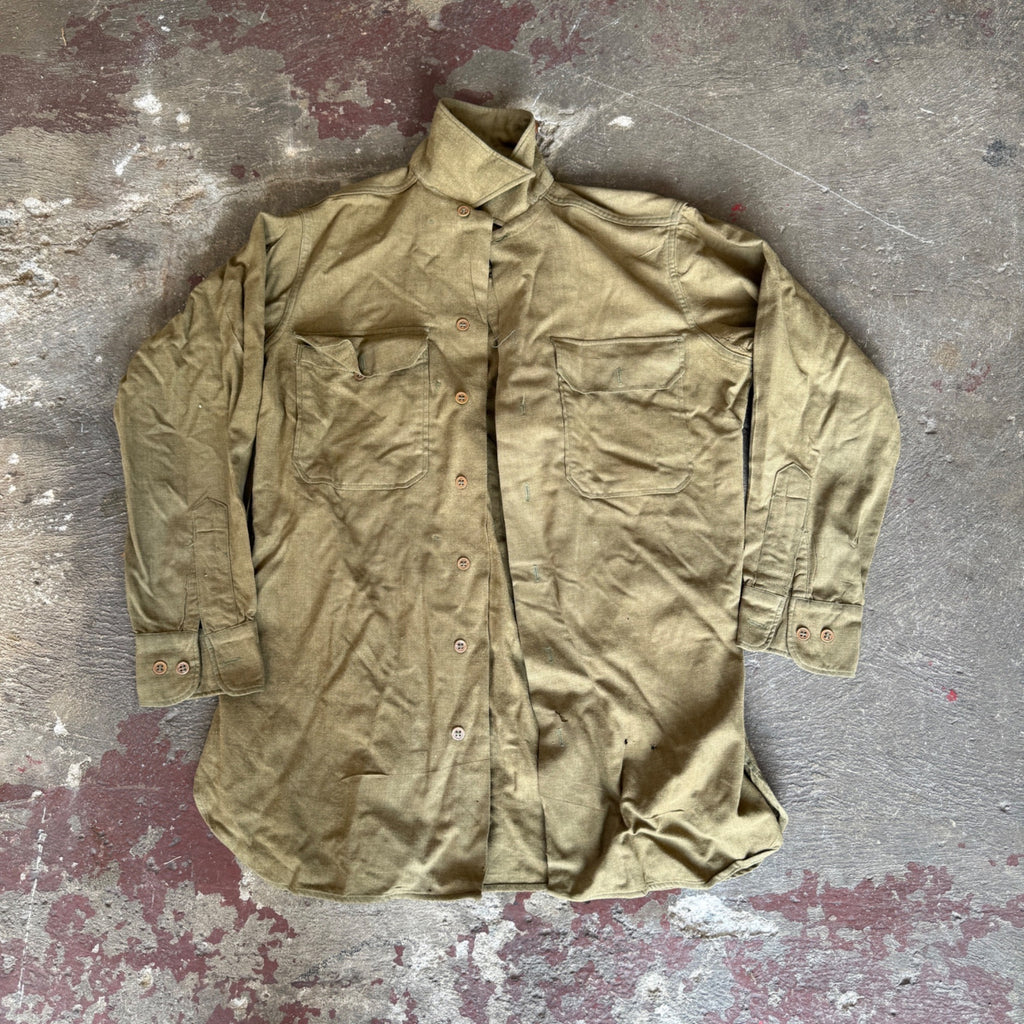 Vintage Military Olive Green Button-Up Shirt With Dual Front Pockets & High Collar