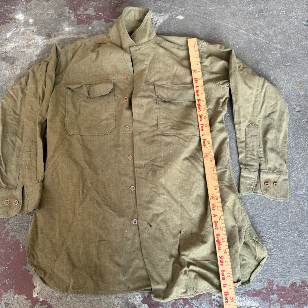 Vintage Military Olive Green Button-Up Shirt With Dual Front Pockets & High Collar