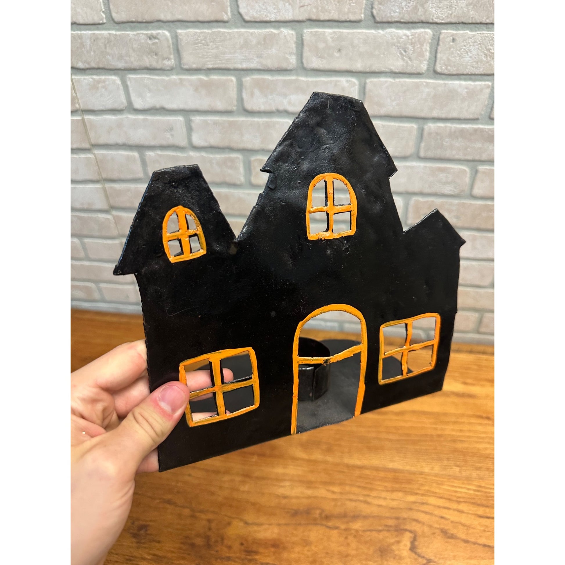 Vintage Metal Halloween Haunted House Candle Holder Handmade In Haiti