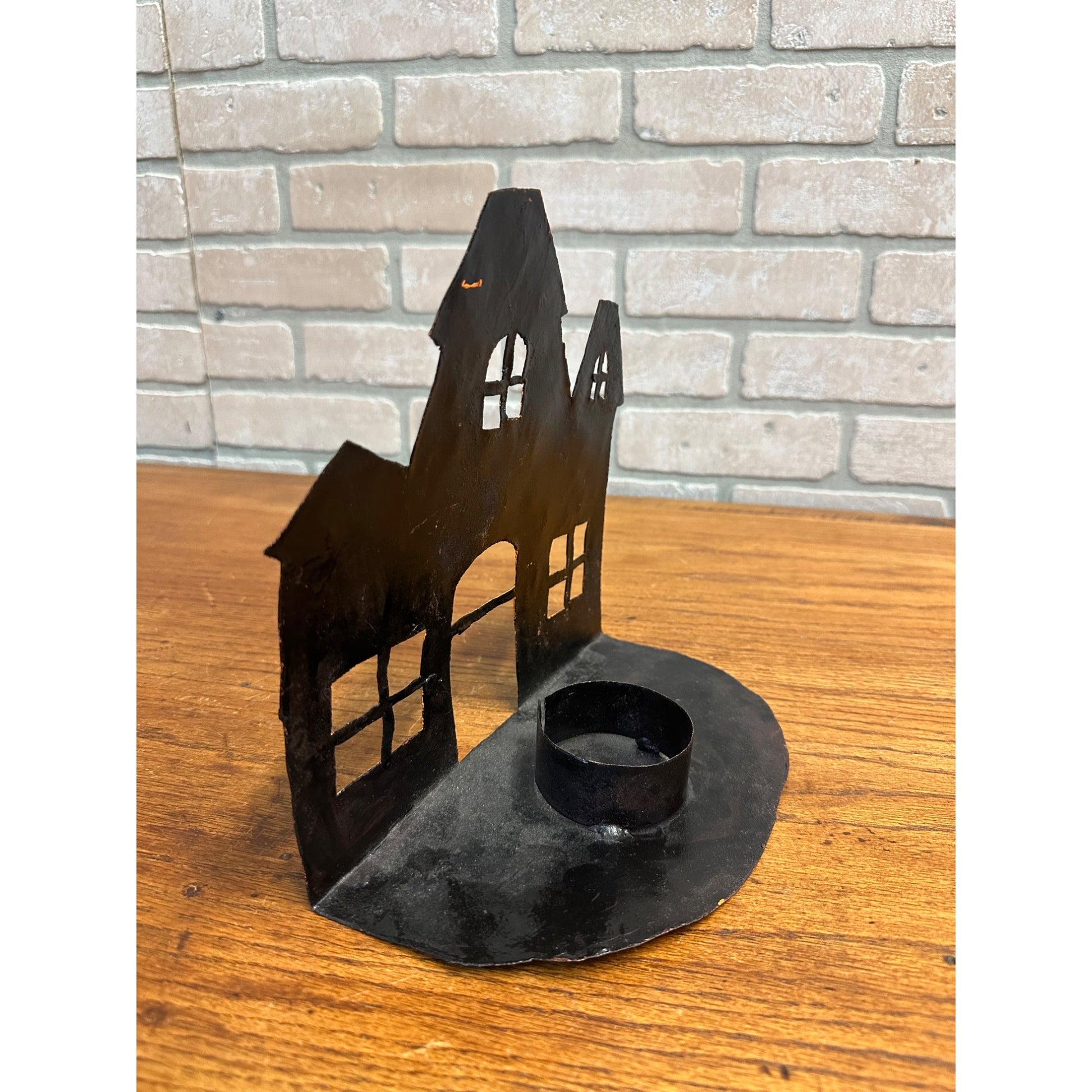 Vintage Metal Halloween Haunted House Candle Holder Handmade In Haiti