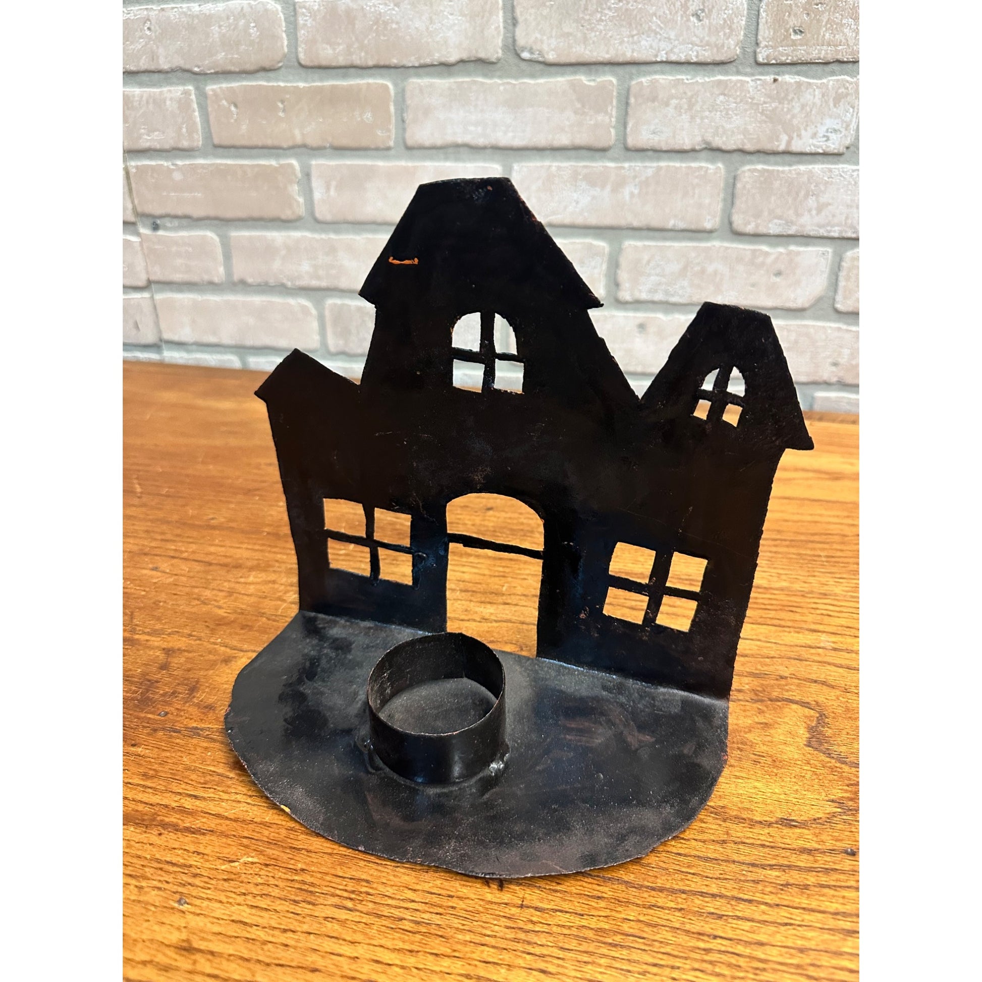 Vintage Metal Halloween Haunted House Candle Holder Handmade In Haiti