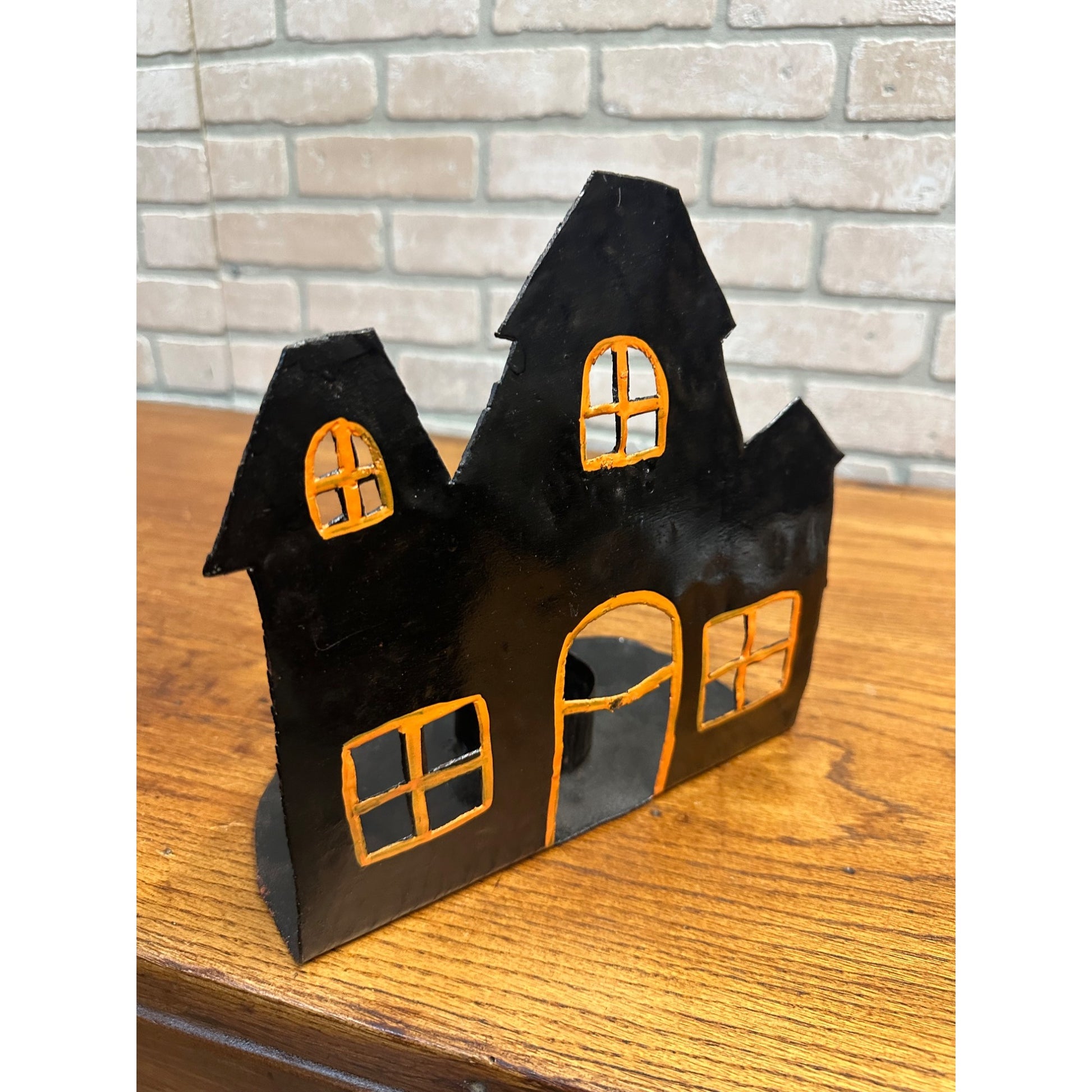Vintage Metal Halloween Haunted House Candle Holder Handmade In Haiti