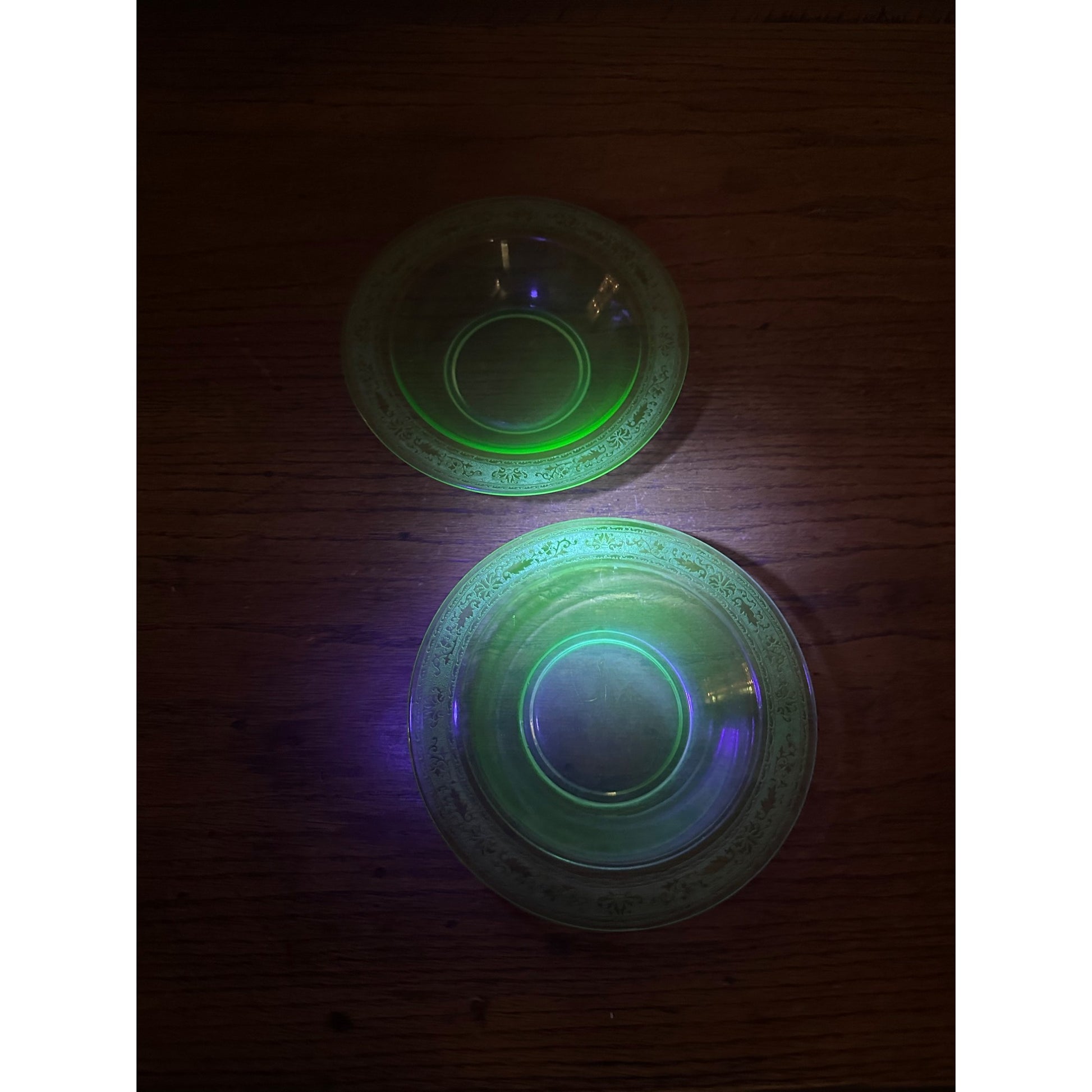 Vintage Lot (2) Fostoria #273 Royal Etch Cereal Soup Bowls Pair Uranium Glows