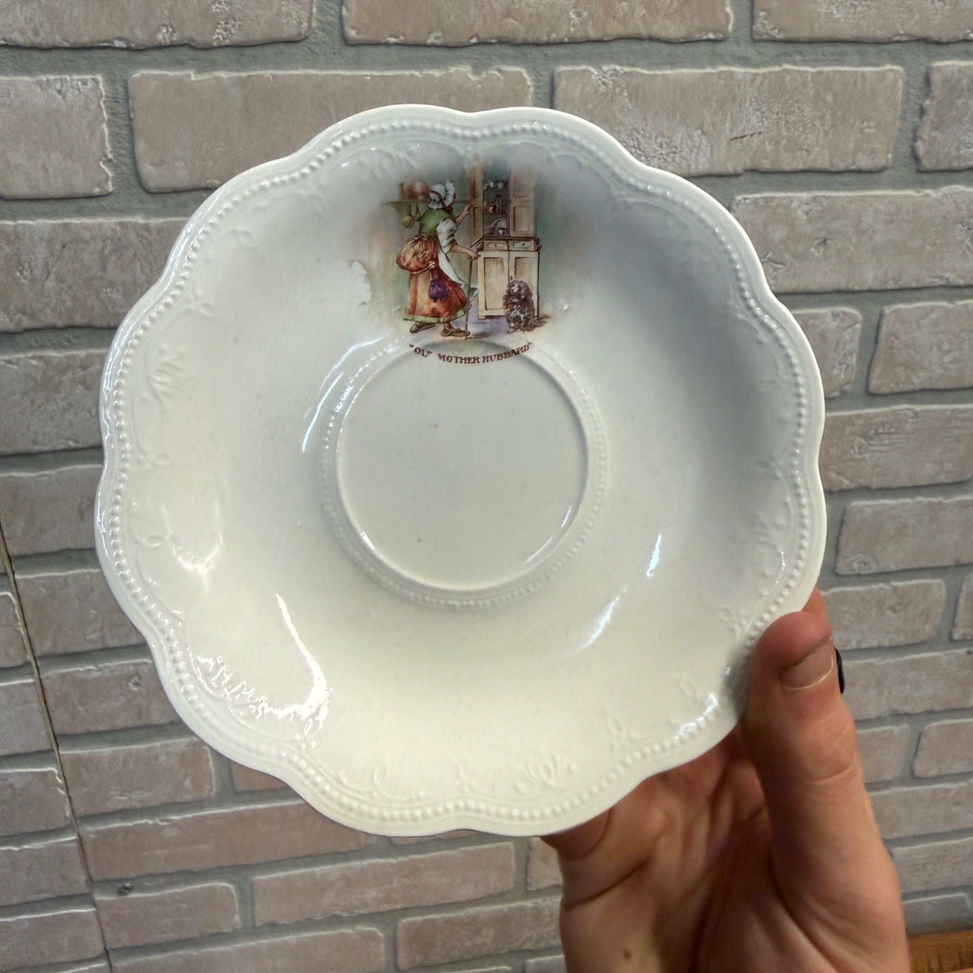 Vintage "Old Mother Hubbard" Saucer By IRIS E.P.P. Co. Embossed Design Scalloped Edge Decor