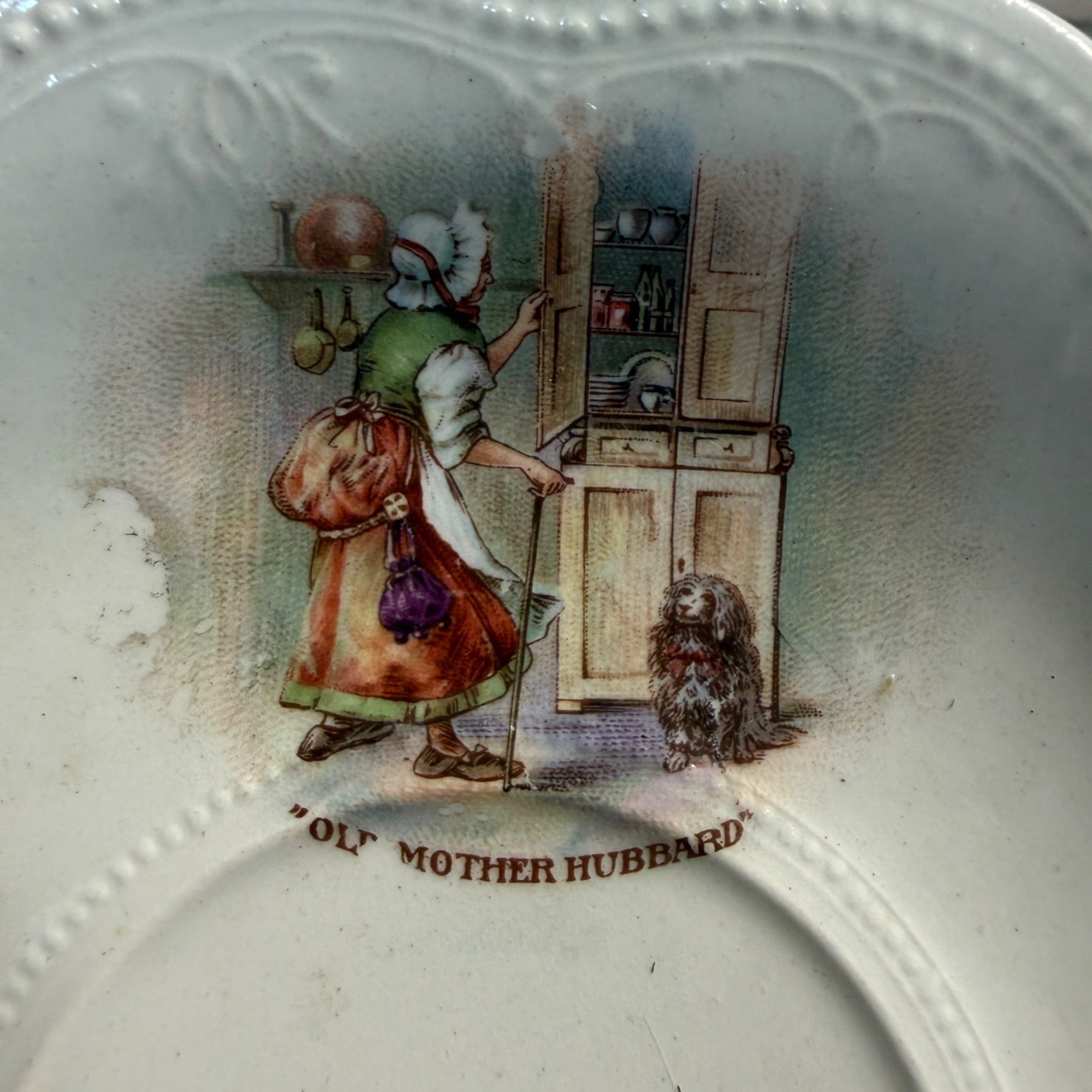 Vintage "Old Mother Hubbard" Saucer By IRIS E.P.P. Co. Embossed Design Scalloped Edge Decor