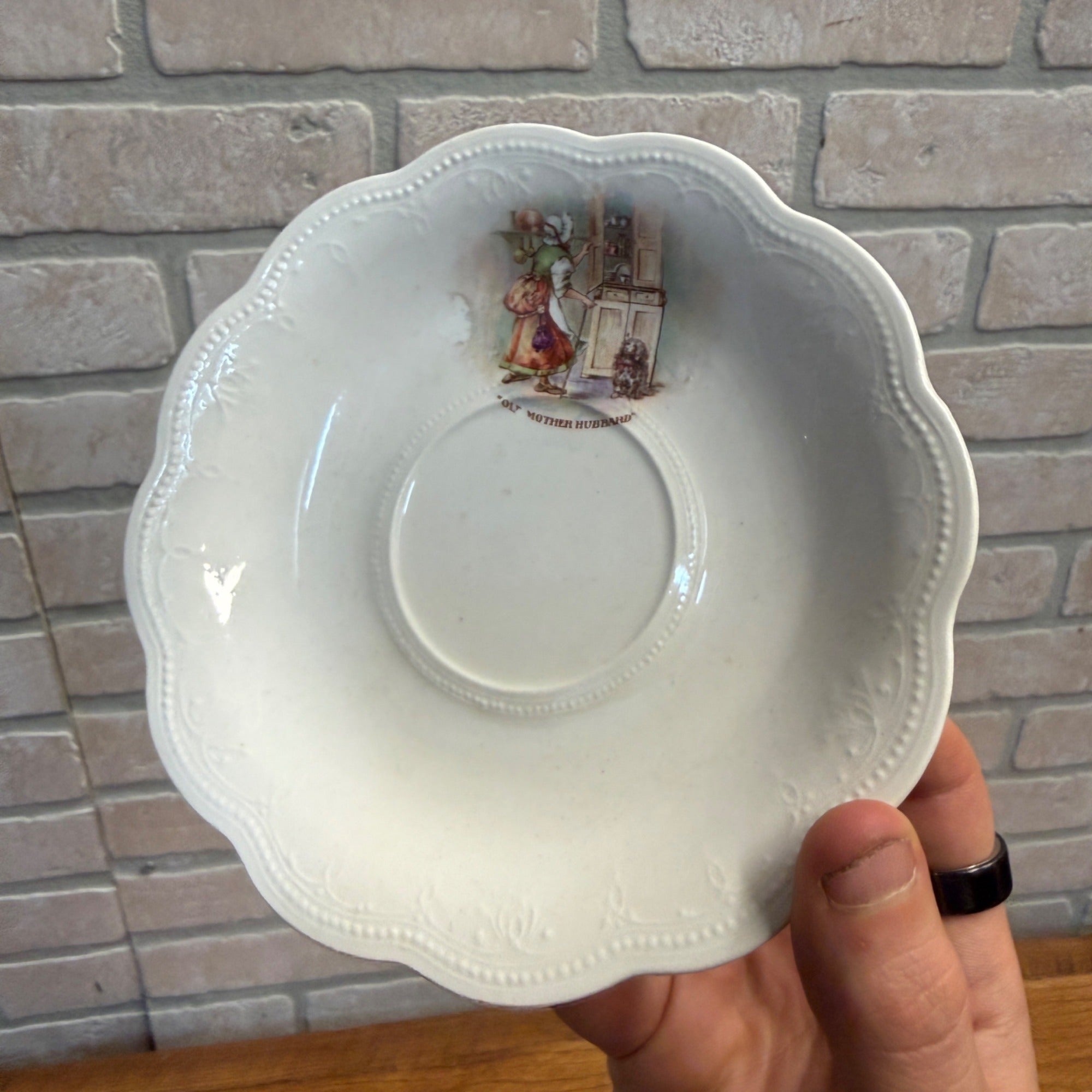 Vintage "Old Mother Hubbard" Saucer By IRIS E.P.P. Co. Embossed Design Scalloped Edge Decor