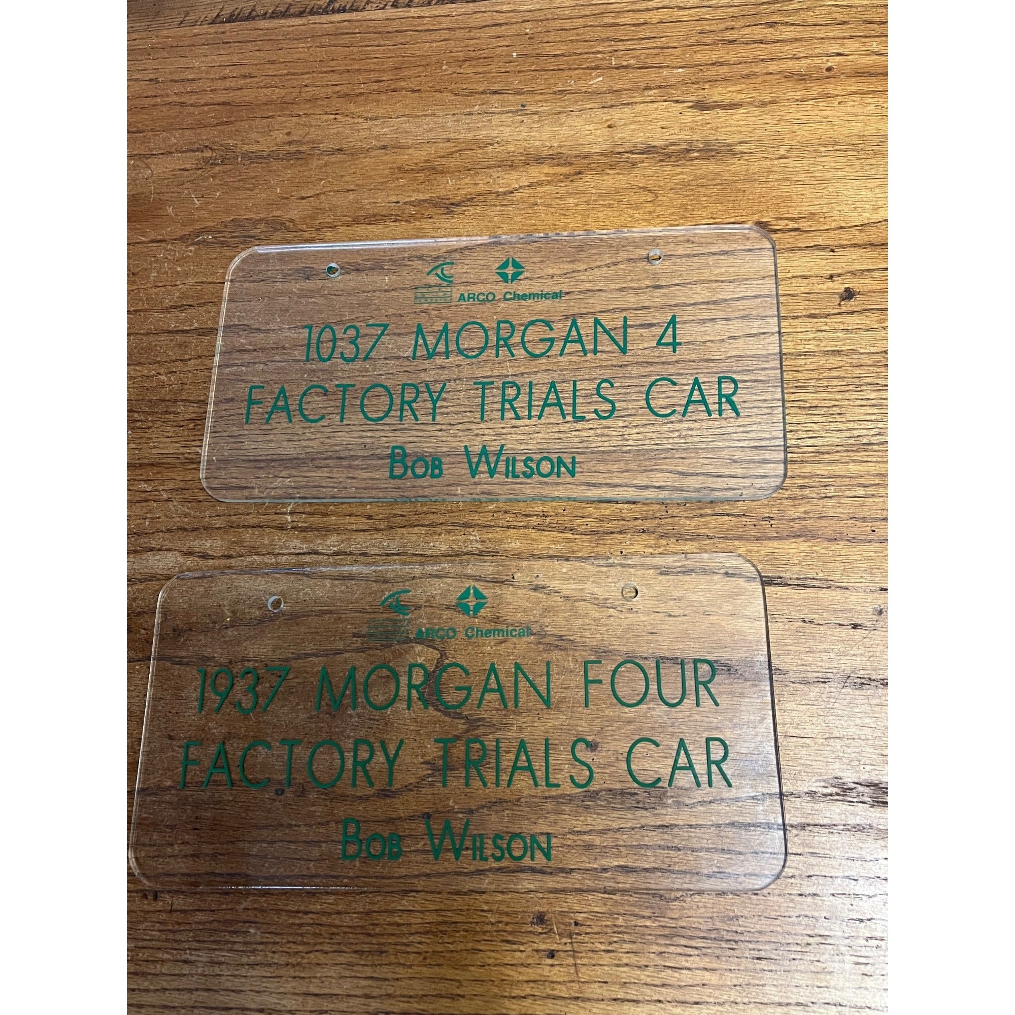 Vintage Clear Acrylic License Plate Factory Trials Car ARCO Chemical Set of Two (2) 1991 Bob Wilson