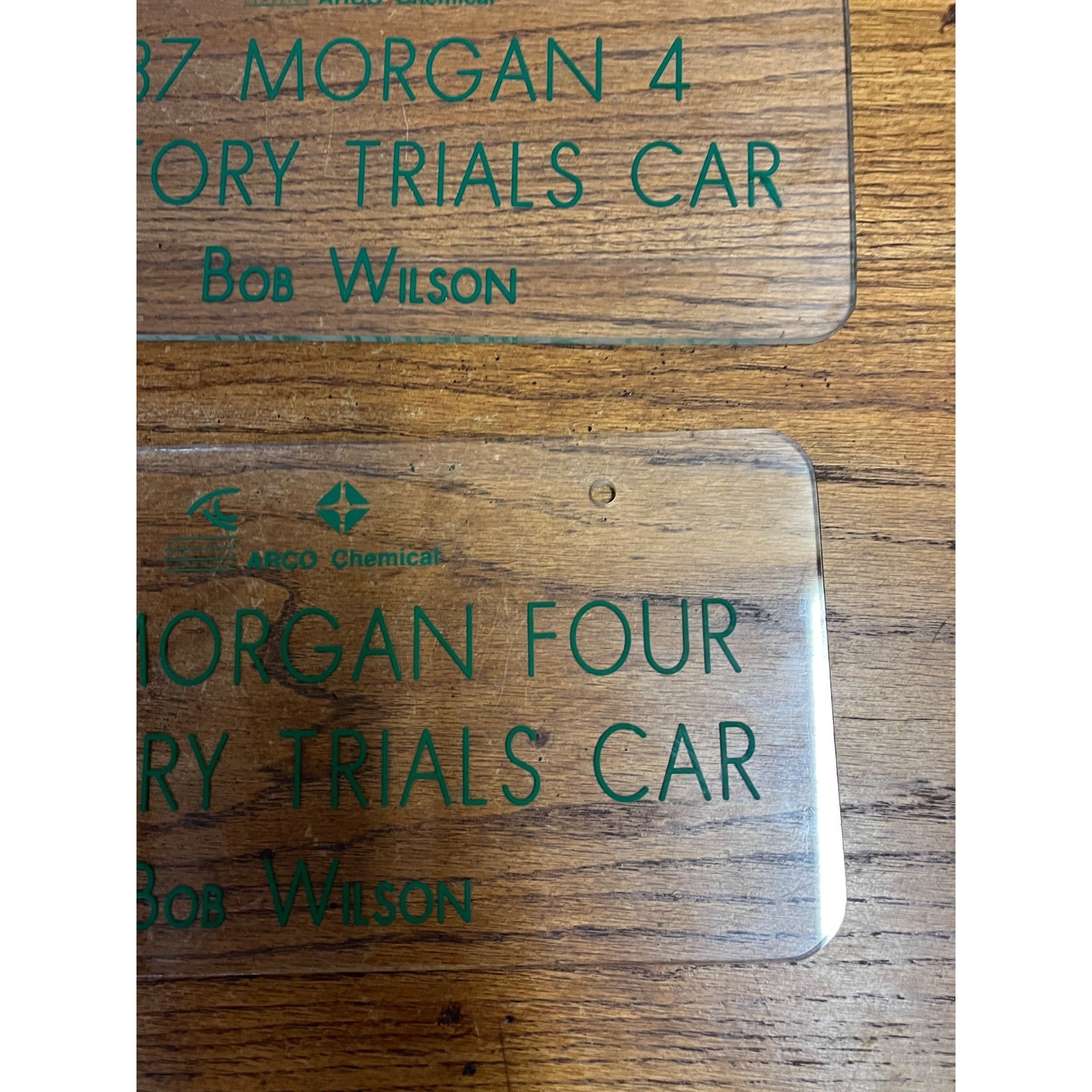 Vintage Clear Acrylic License Plate Factory Trials Car ARCO Chemical Set of Two (2) 1991 Bob Wilson