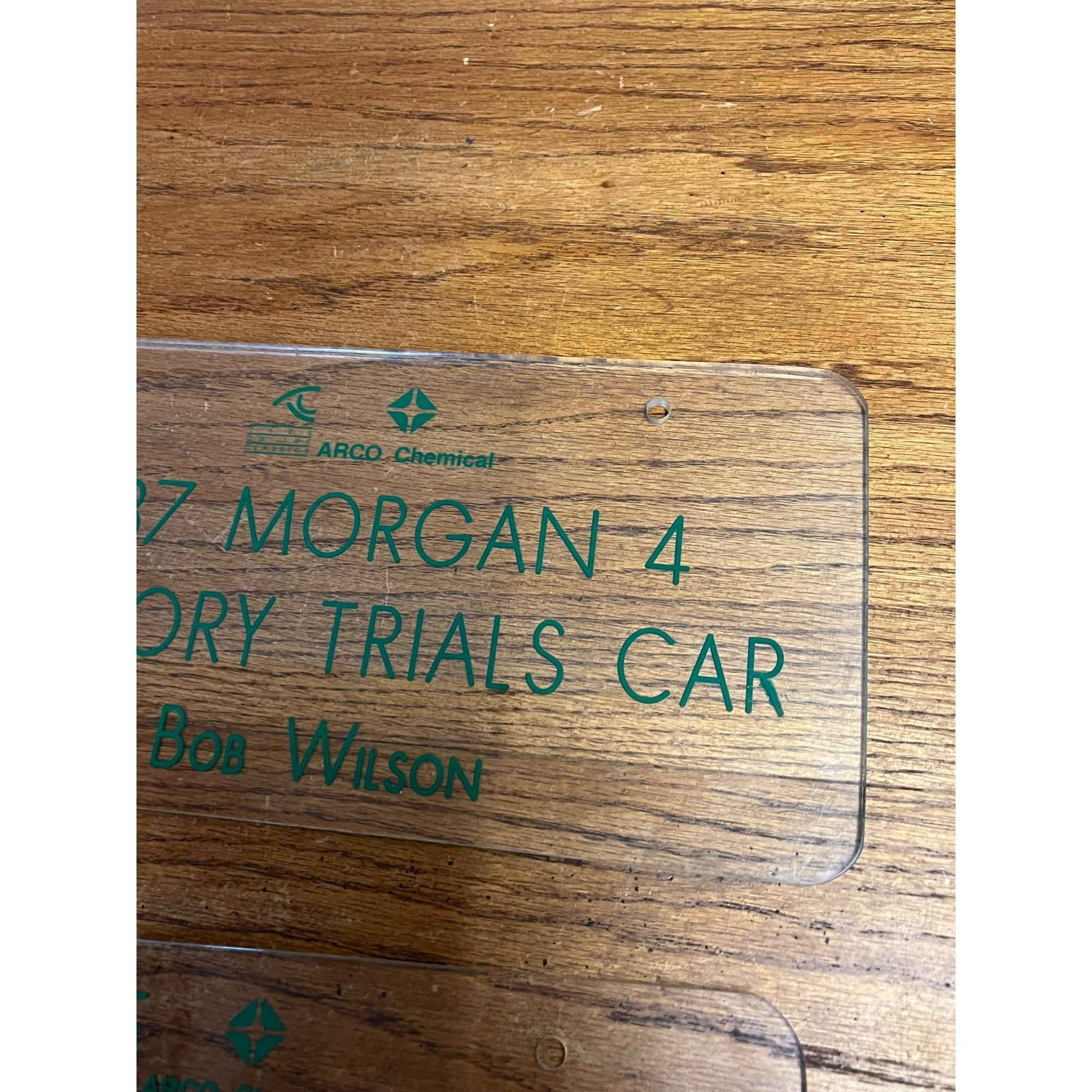 Vintage Clear Acrylic License Plate Factory Trials Car ARCO Chemical Set of Two (2) 1991 Bob Wilson