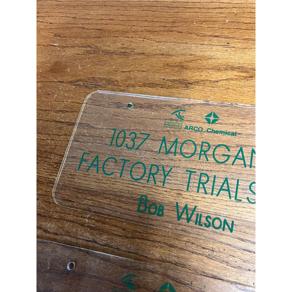 Vintage Clear Acrylic License Plate Factory Trials Car ARCO Chemical Set of Two (2) 1991 Bob Wilson