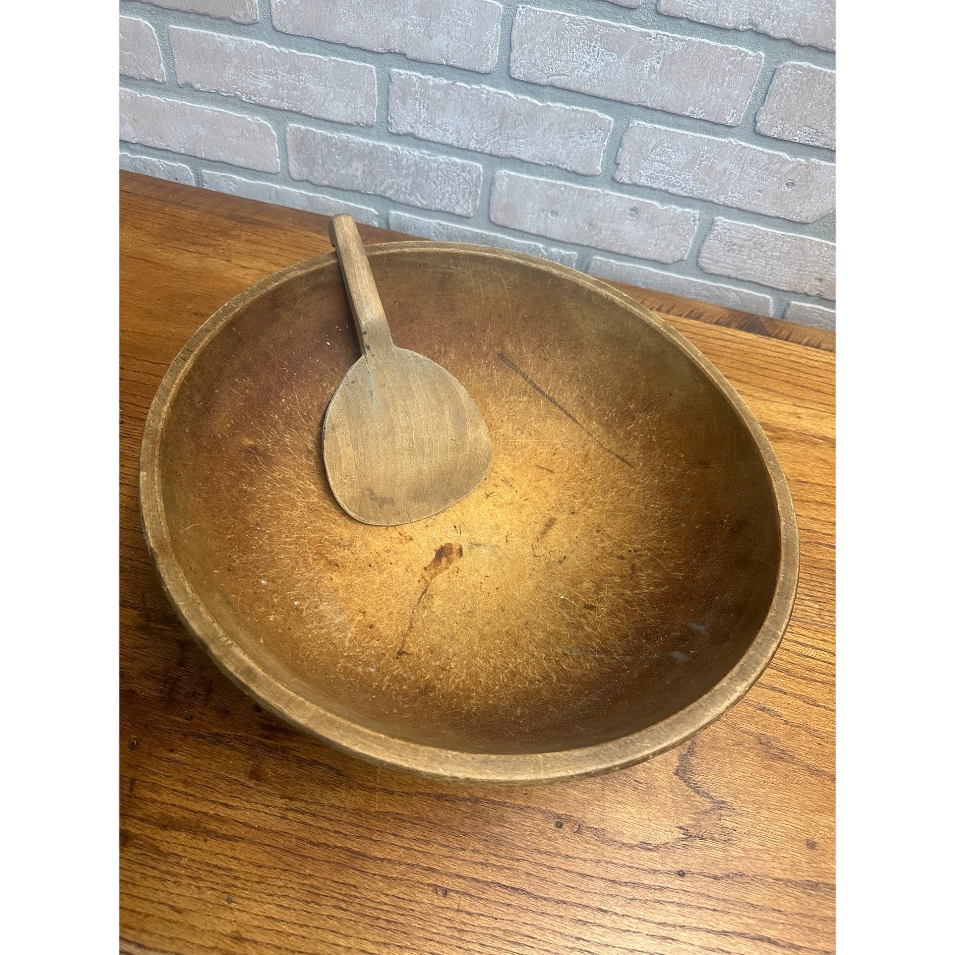 Antique Primitive Wooden Butter Bowl w/ Paddle Farmhouse Country Wood 1800s