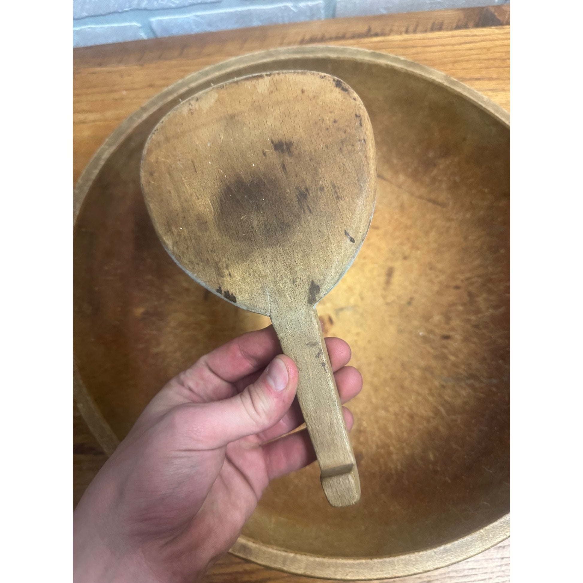 Antique Primitive Wooden Butter Bowl w/ Paddle Farmhouse Country Wood 1800s