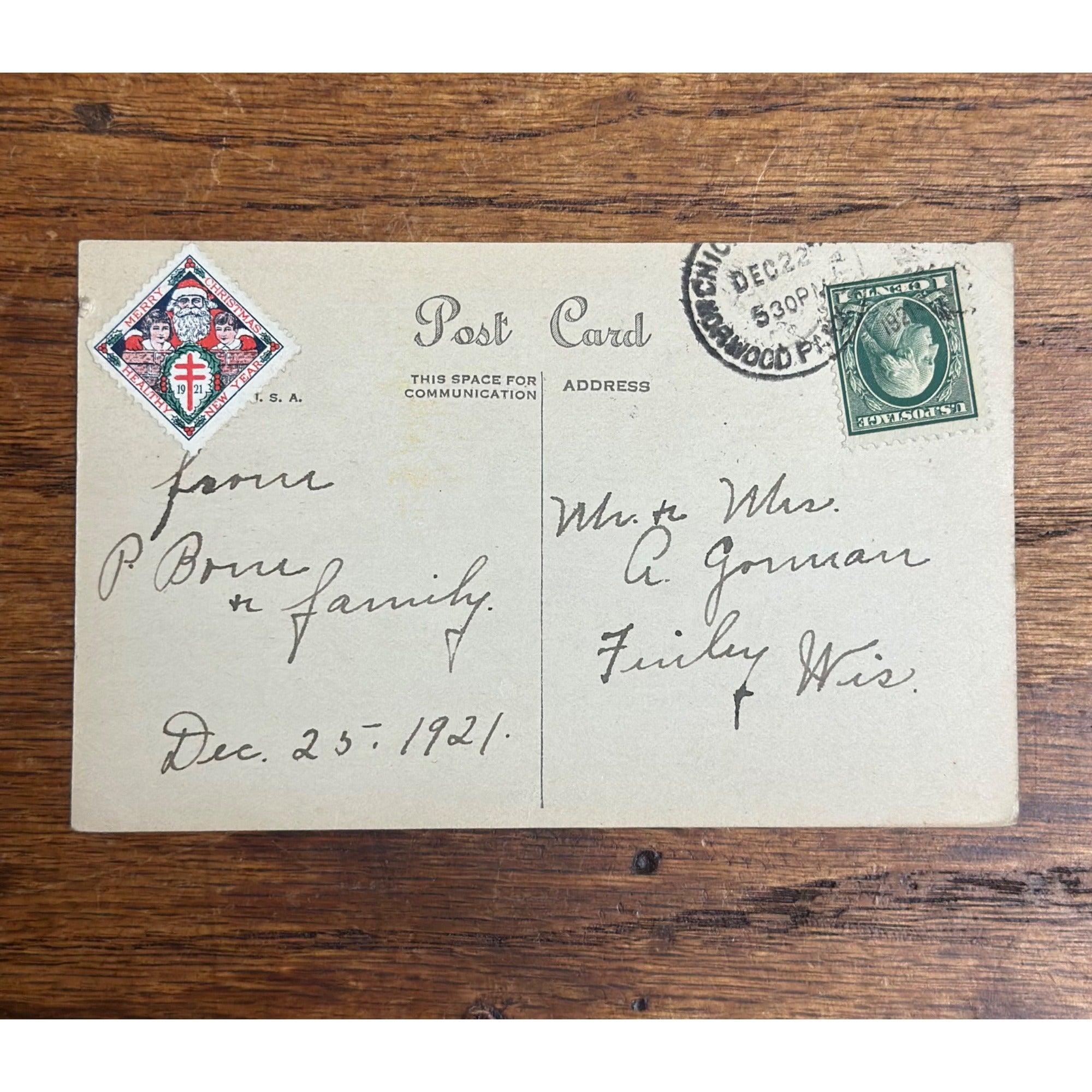 Vintage 1921 Christmas Postcard w/ Christmas Seal Tied - "Old Santa is the Fraud"