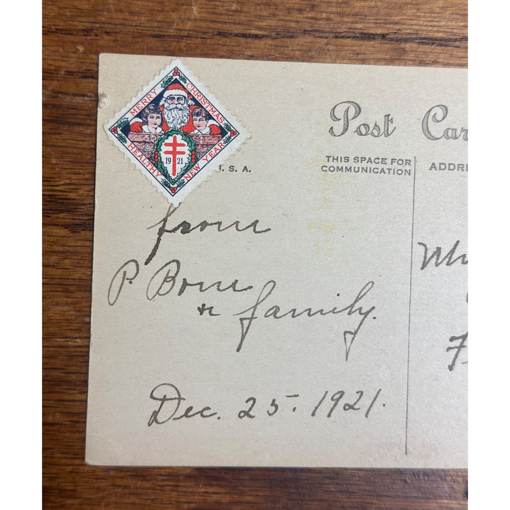 Vintage 1921 Christmas Postcard w/ Christmas Seal Tied - "Old Santa is the Fraud"