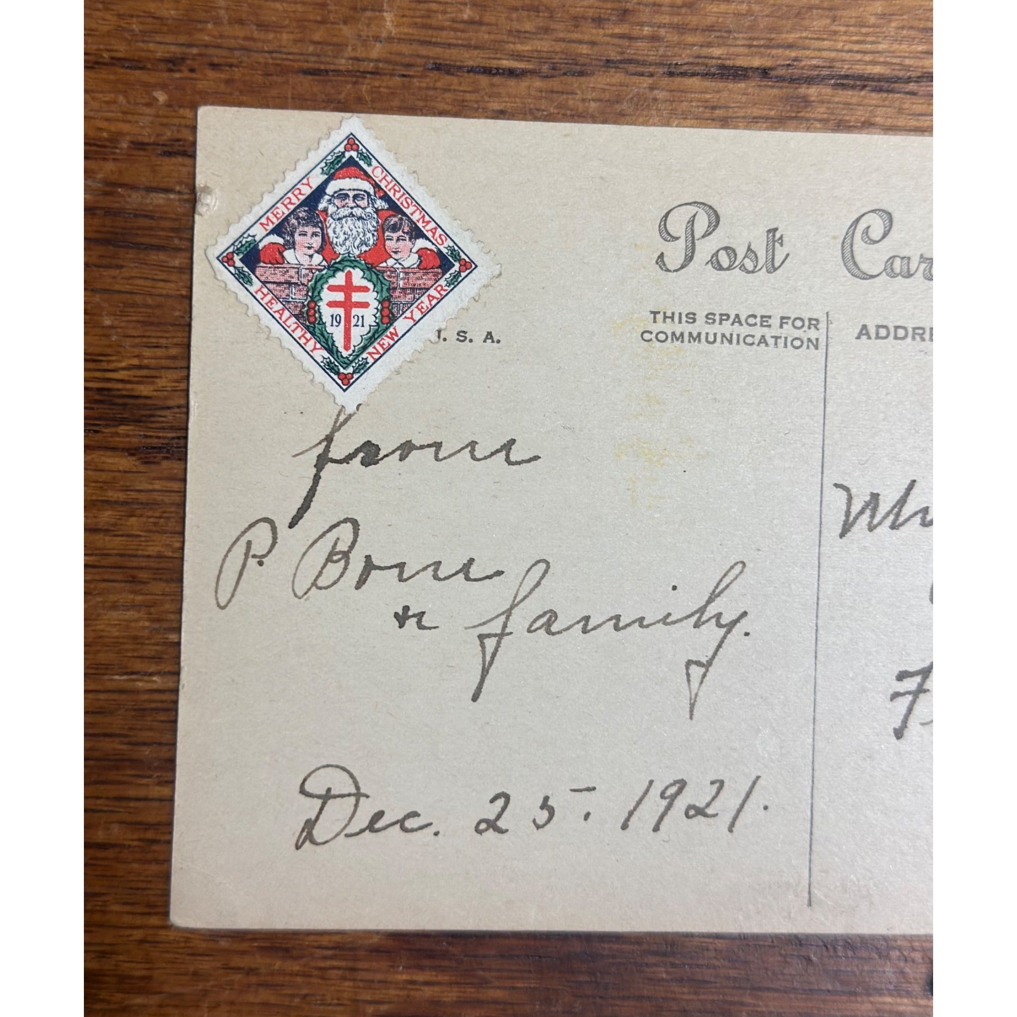 Vintage 1921 Christmas Postcard w/ Christmas Seal Tied - "Old Santa is the Fraud"